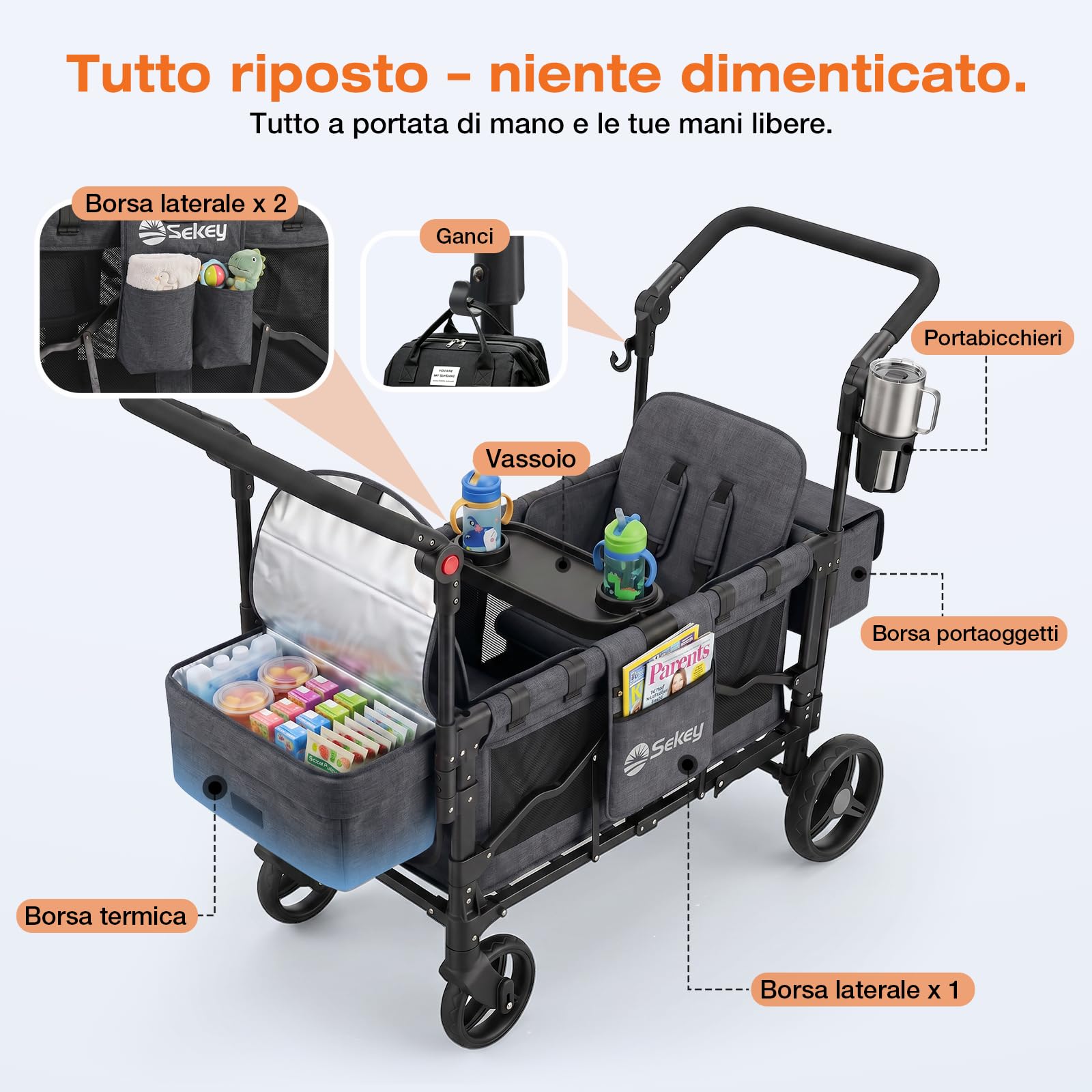 Sekey Carrello pieghevole per bambini, modalità gemelli, con tendina da sole per 2 bambini, maniglia a spinta duo, passeggino doppio con 2 sistemi di imbracatura a 5 punti integrati, Luxer 6060, Nero
