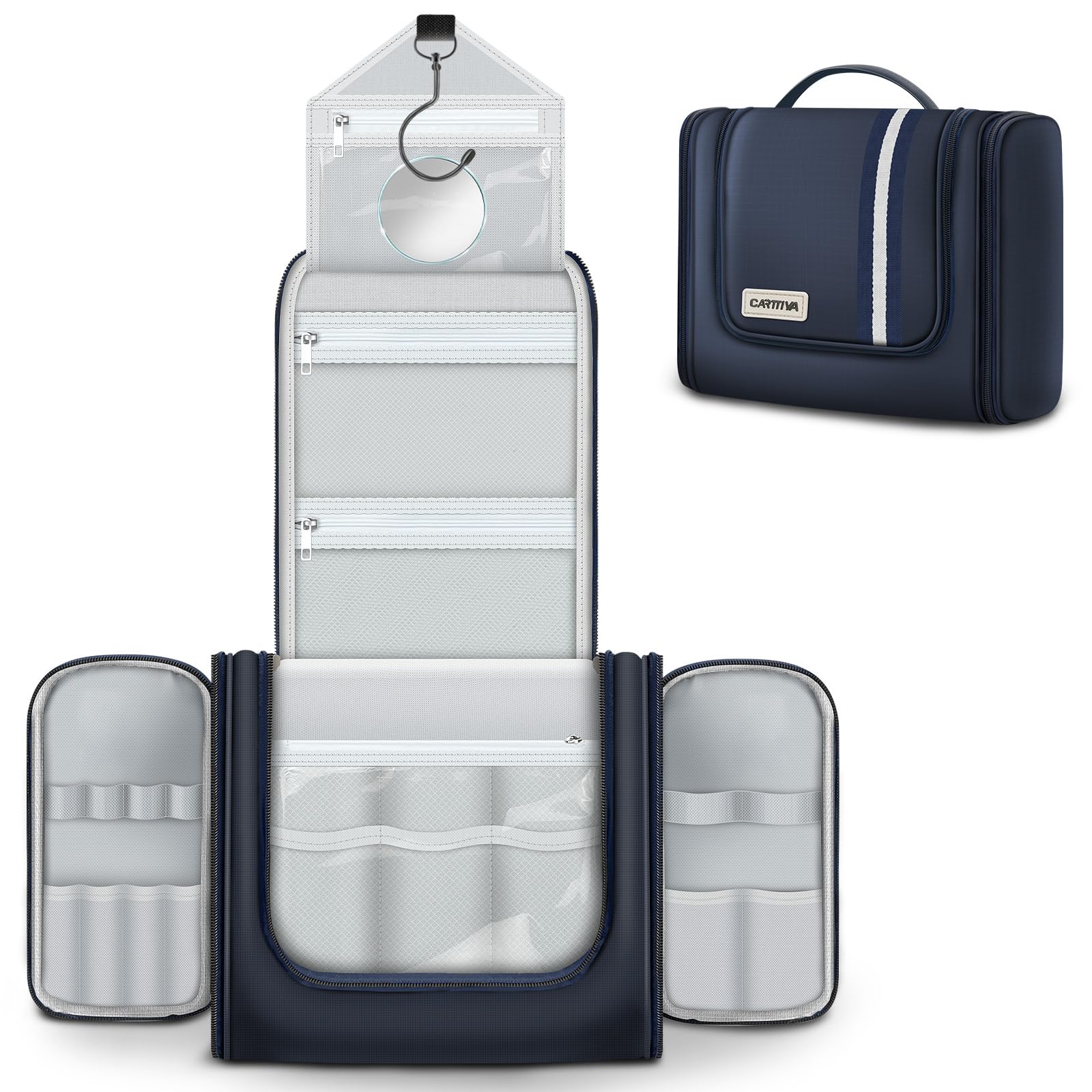 Carttiya Kulturbeutel zum Aufhängen, Reise Kulturbeutel Herren mit Spiegel, Groß Wasserabweisend Kosmetiktasche Kulturtasche Waschtasche Cosmetic Bag mit Haken für Damen und Herren (Blau)
