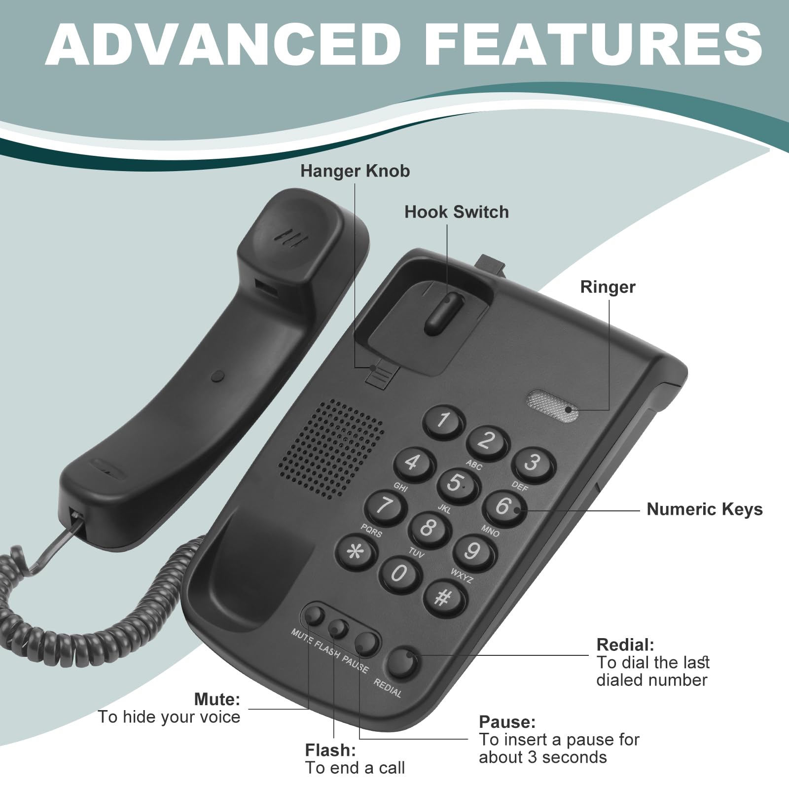 Lativu Teléfono con cable negro, teléfonos fijos con cable para uso en el hogar/oficina/hotel/recepción con volumen ajustable, teléfono para teléfonos fijos compatible con función de silencio
