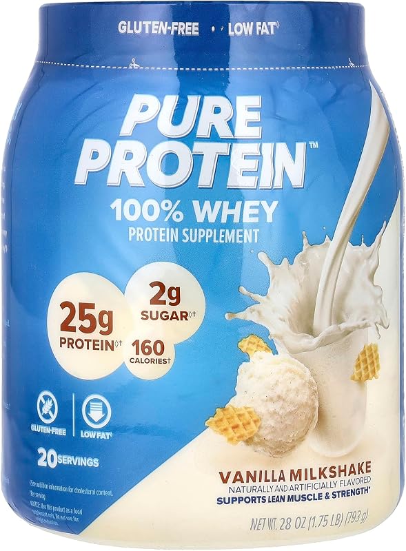 Proteína pura en polvo, suero, alto contenido de proteínas, bajo en azúcar, sin gluten, crema de vainilla, 1,75 libras | Alta proteína