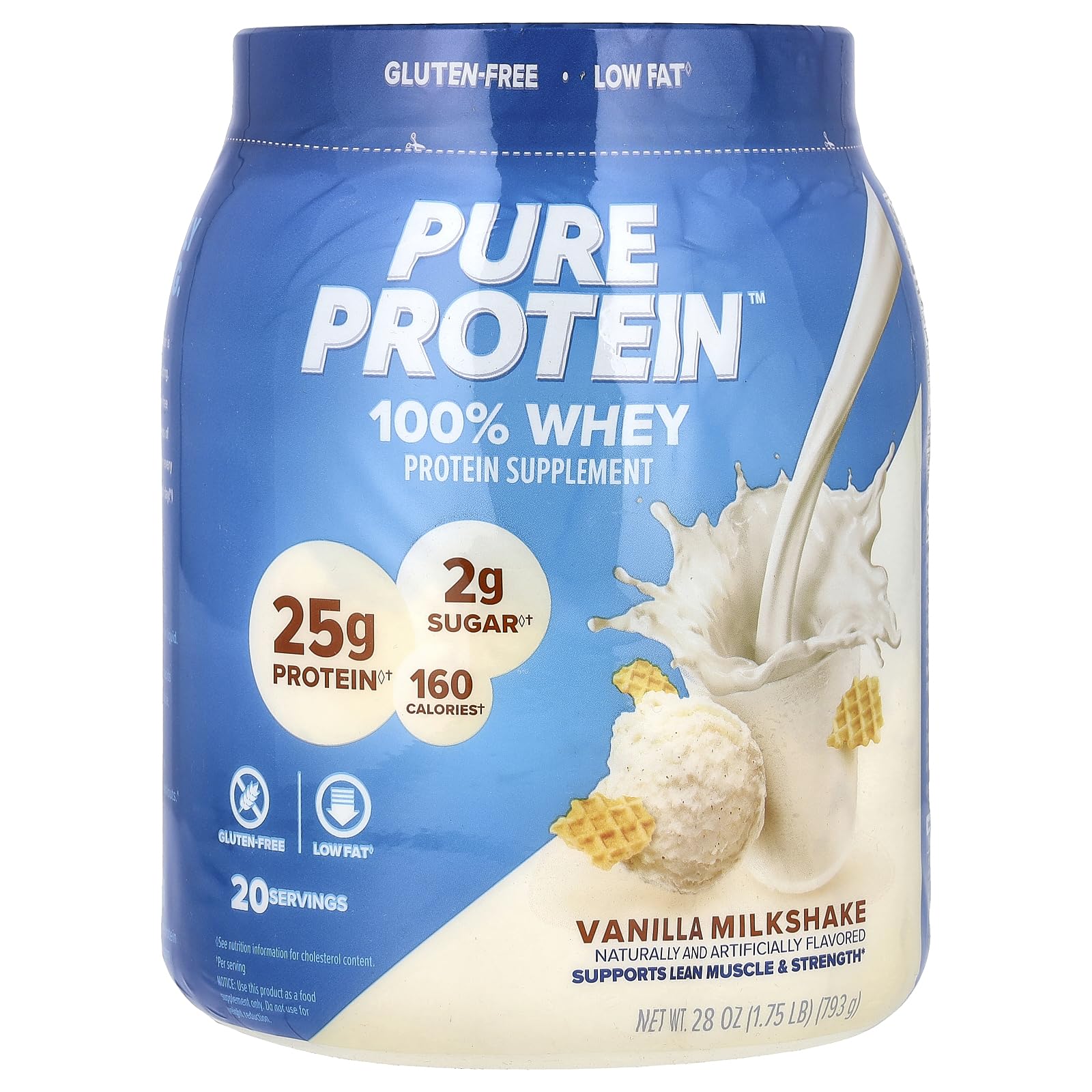 Pure Protein Powder, Whey, High Protein, Low Sugar, Gluten Free, Vanilla Cream, 1.75 lbs
