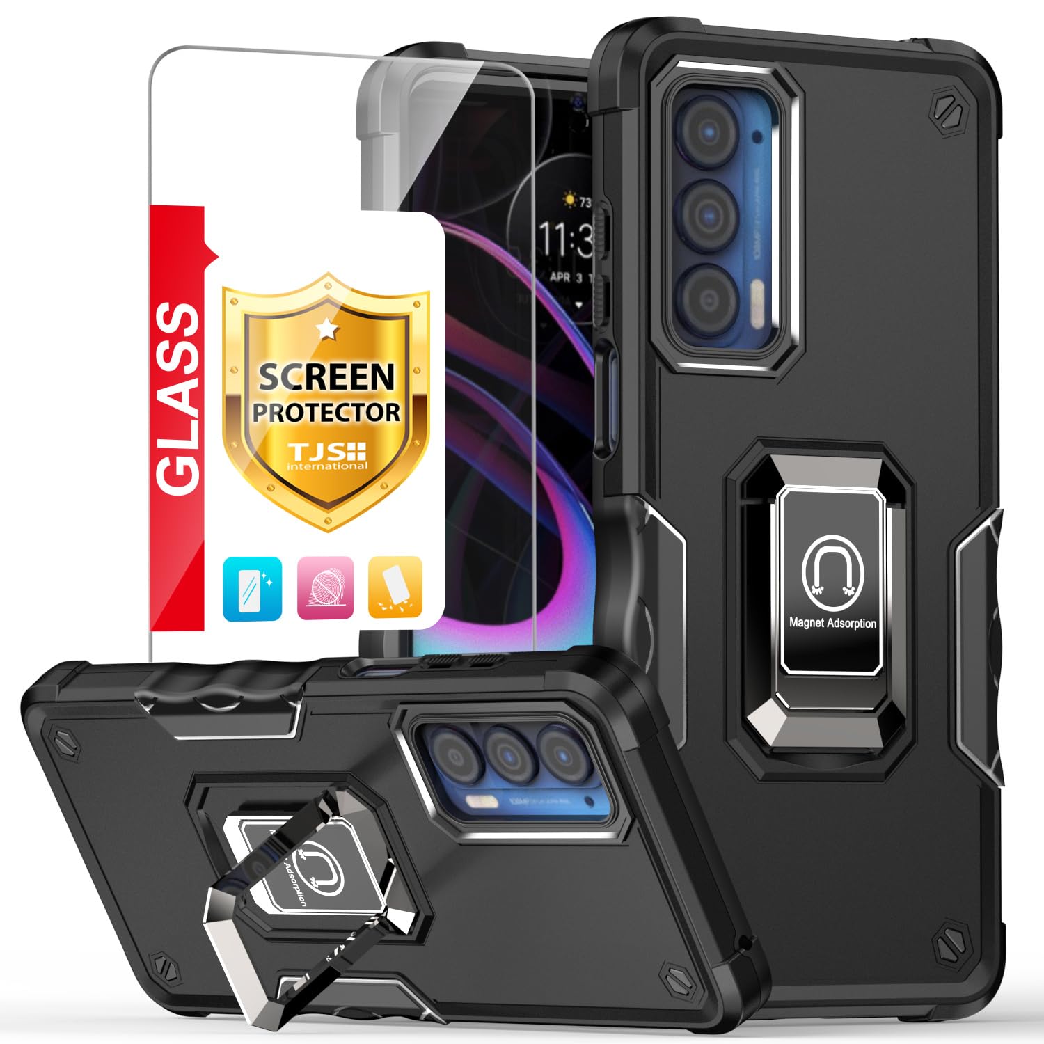 TJS for Motorola Moto Edge 2021 Case, Moto Edge 5G UW Case, with Tempered Glass Screen Protector, [Military Grade] Heavy Duty Protective Cover,