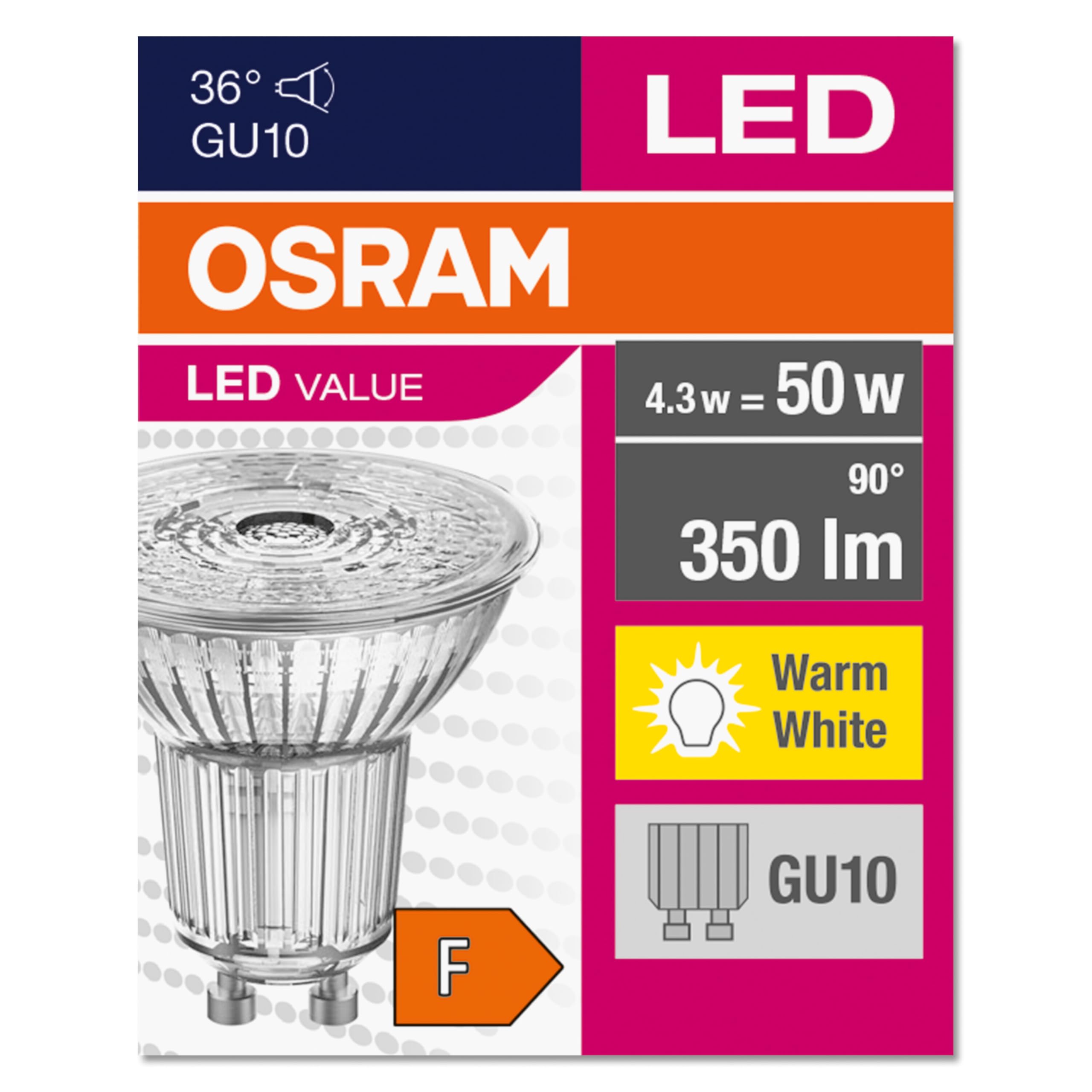 OSRAM LED Star Value reflektor PAR16 z kątem widzenia 36 stopni, trzonek GU10, 4,3 wata, ciepła biel (3000K), zastępuje konwencjonalne lampy punktowe o mocy 50 watów, opakowanie 1 szt.