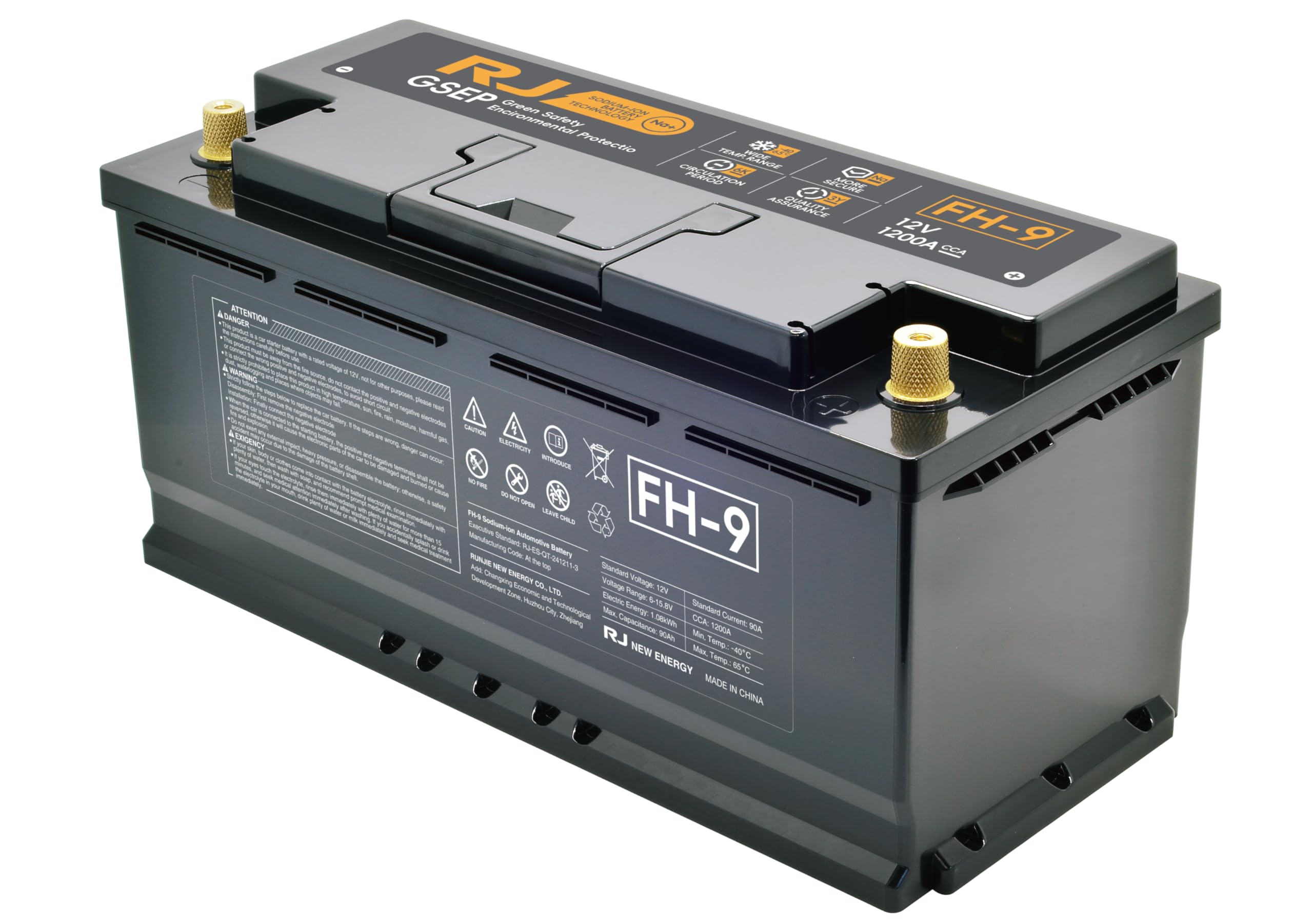 Automotive sodium ion battery,12V Car Battery, G-SEP Technology, Heavy Duty Automotive Power Cell, Black, Gold-Plated Terminals (FH9)