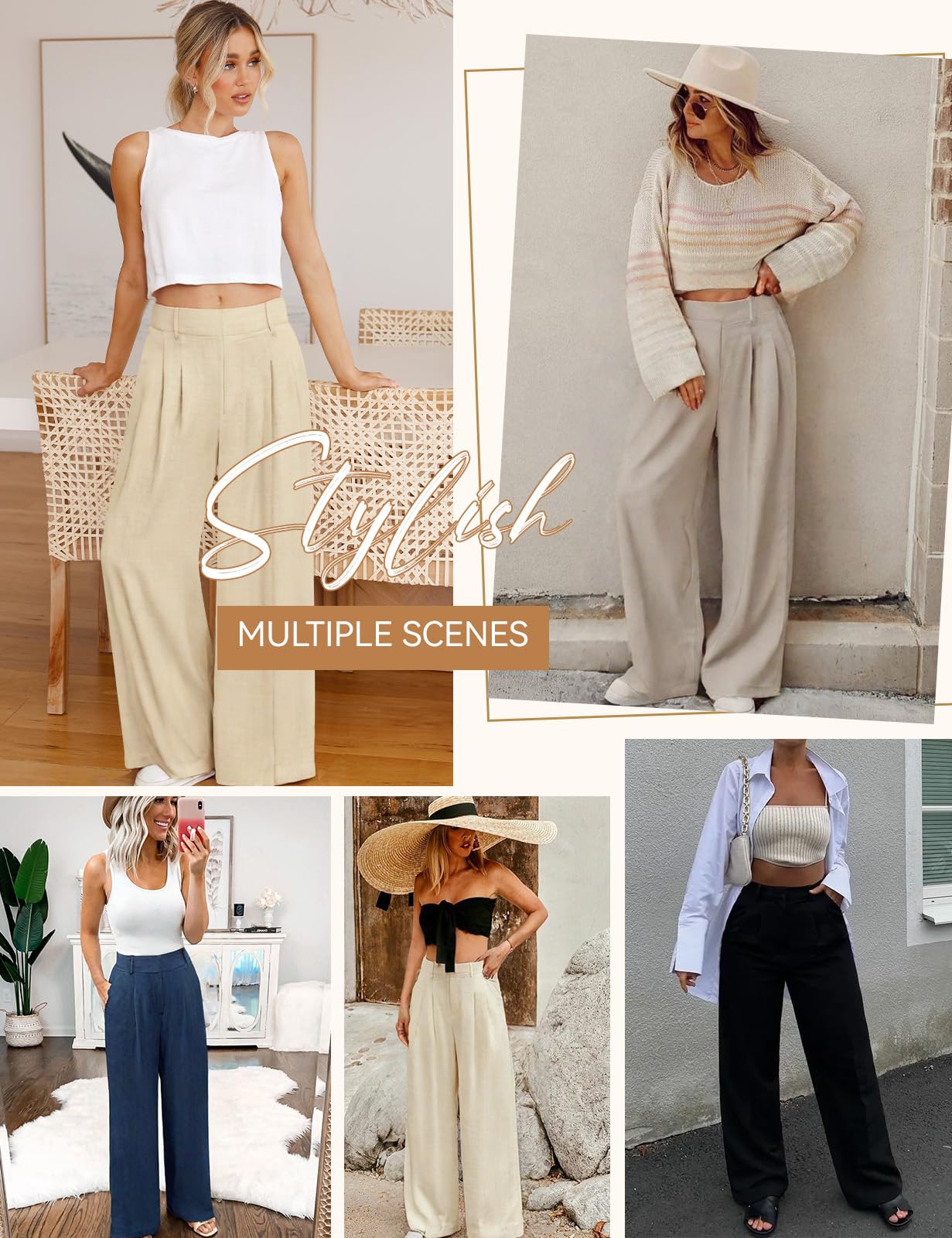 CMTOP Pantalon Lin Femme Été à Jambe Droite Ample Décontracté Fluide Taille Haute avec Cordon de Serrage Elastique et Poches