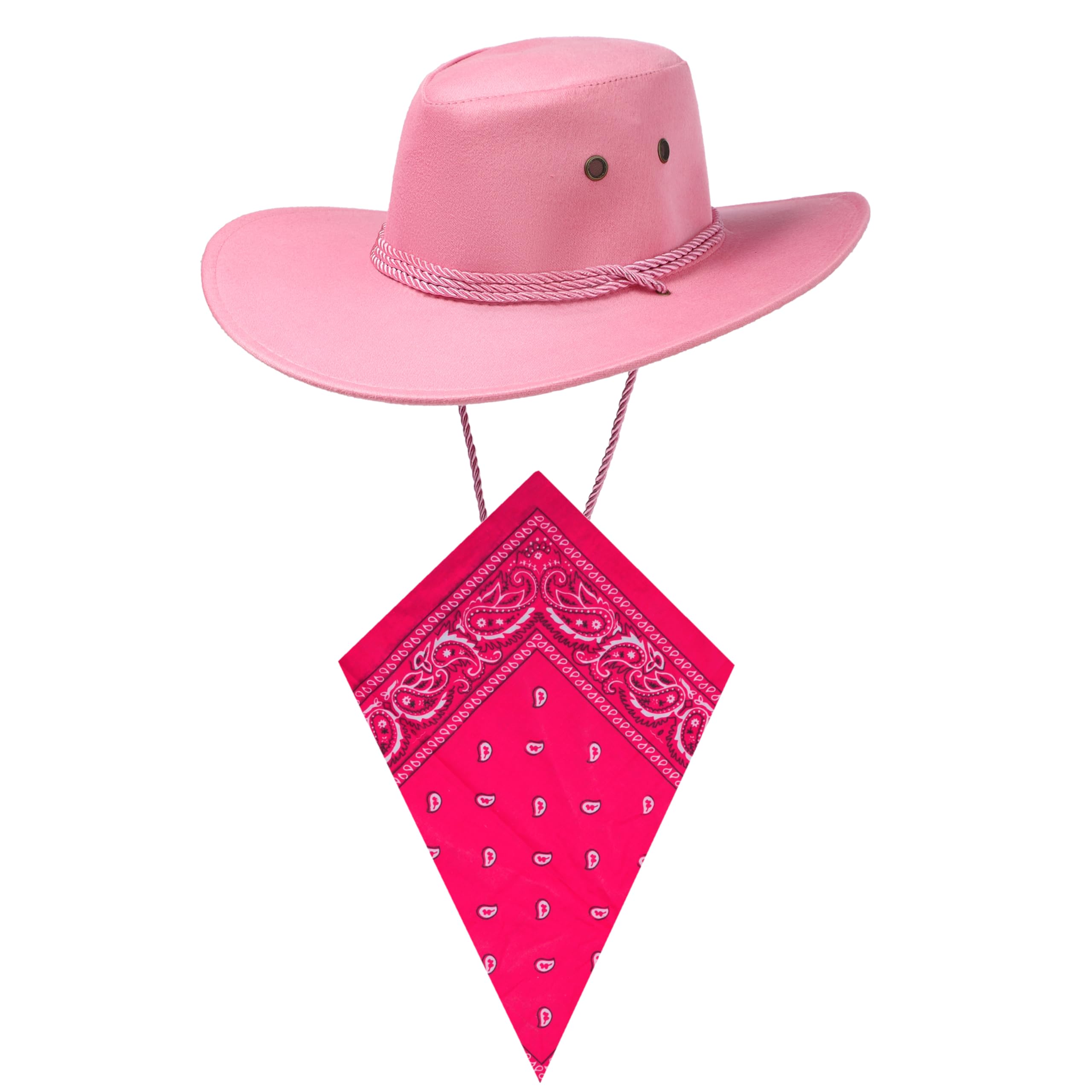 Komonee Pink Cowboy Hat and Pink Bandana Western Sun Cap Faux Felt Leather Suede Fancy Dress Party Costume Outfit Neckscarf Sun Protection Mens Womens
