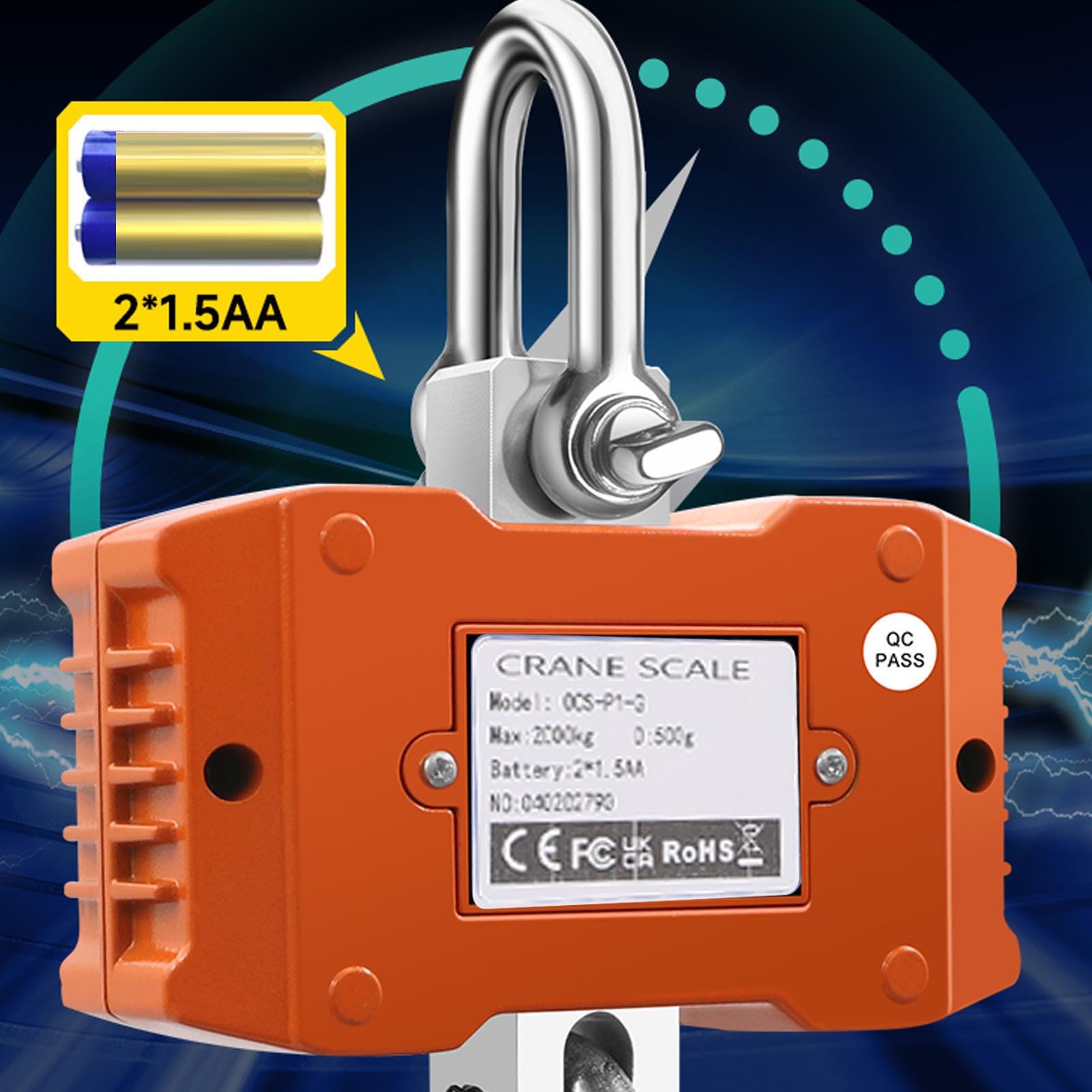 Fockety Digitale Kranwaage, 2000 kg, robuste Industrie-Hängewaage mit LED-Anzeige und Fernbedienung, für Industrie, Landwirtschaft, Baugewerbe, Fischerei