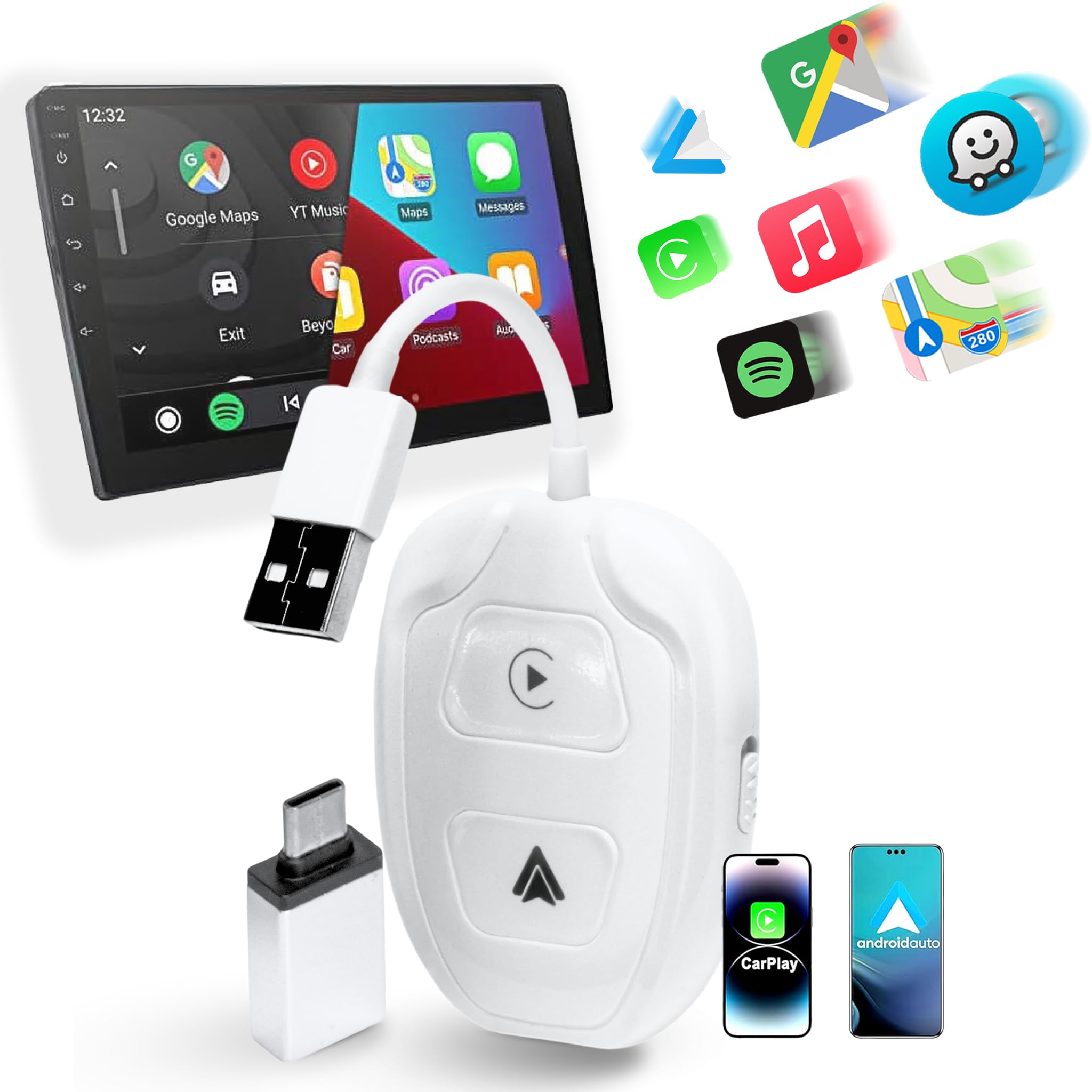 Wireless Carplay & Android Auto Adapter 2 in 1 Auto CarPlay & Android Auto Wireless 2024 Upgrade Dongle for Converts Wired to Wireless Compatibility Auto for Cars Model 2016+ Plug & Play, White