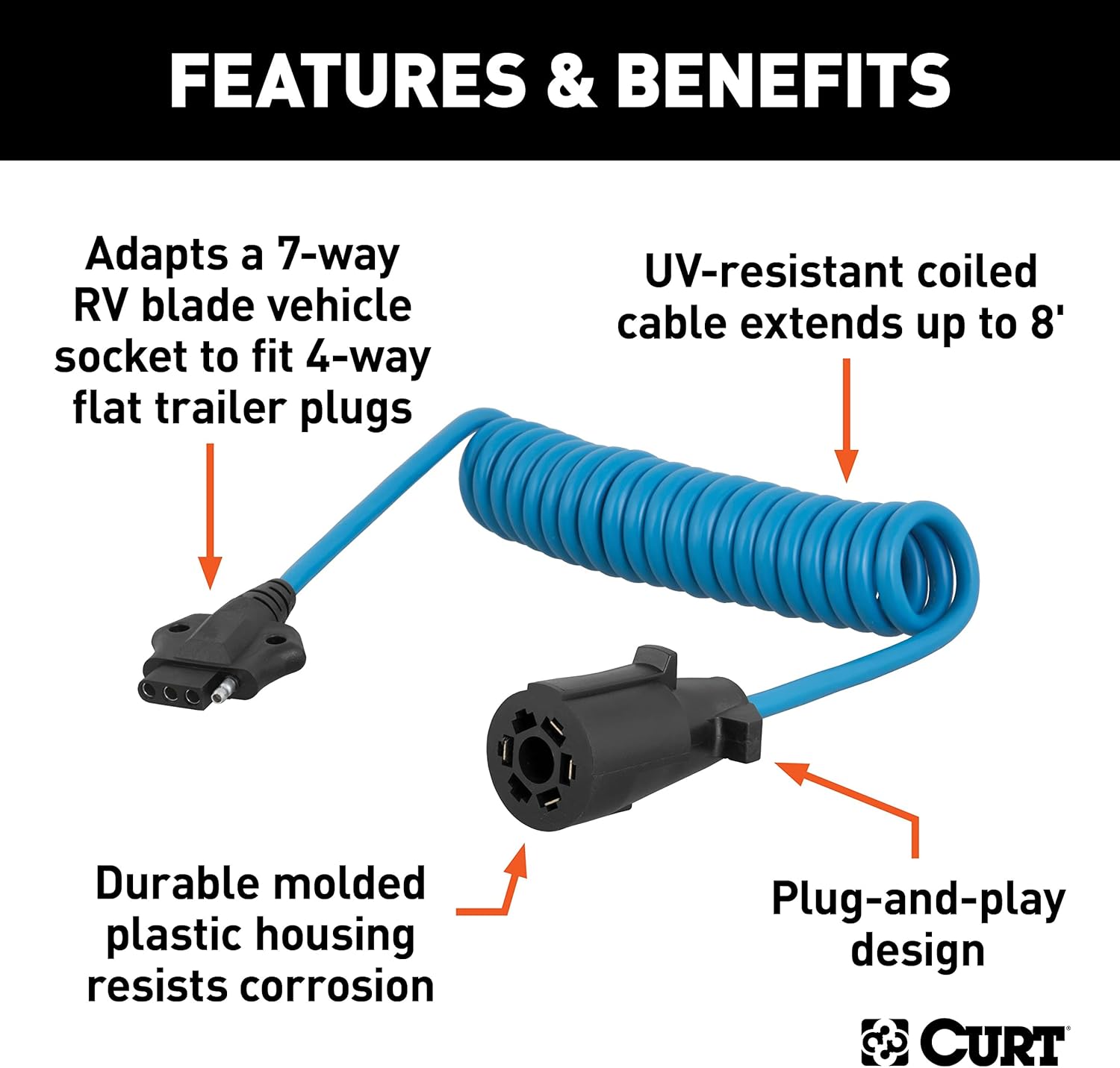 CURT 57280 8-Foot 7-Way RV Blade Vehicle-Side to 4-Way Flat Trailer Wiring Adapter Extension Harness