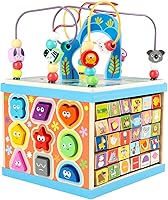 Qilay 5-in-1 Wooden Activity Cube for Toddlers 3+ - Bead Maze, ABC-123 Abacus, Shape Sorter, Montessori Educational Toy for Boys & Girls