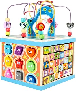Qilay 5-in-1 Wooden Activity Cube for Toddlers 3+ - Bead Maze, ABC-123 Abacus, Shape Sorter, Montessori Educational Toy for Boys & Girls
