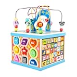 Qilay Wooden Activity Cube for Toddlers, 5 in 1 Multipurpose ABC-123 Abacus Early Educational Montessori Toys, Learning Toys for 3 Year Old | Bead Maze, Great for Boys Girls