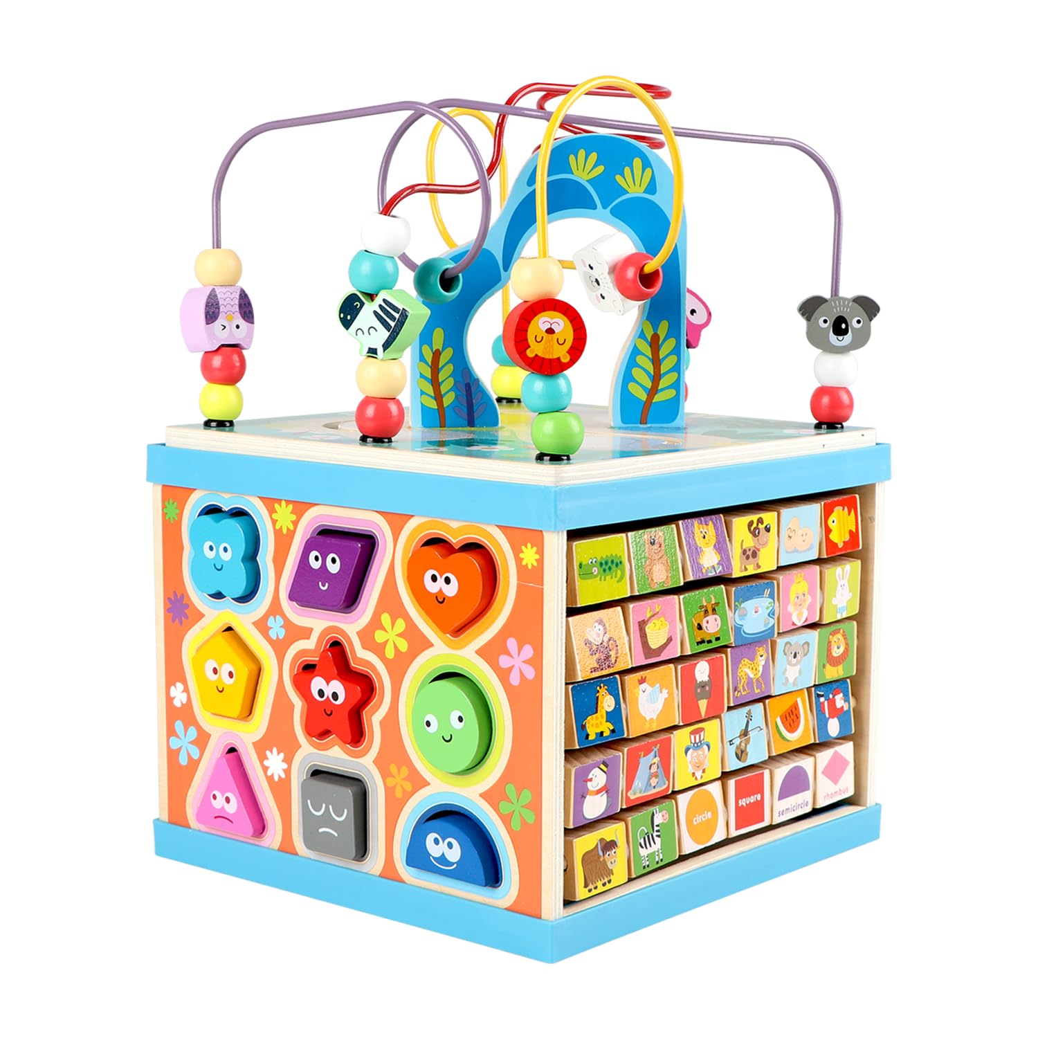 Qilay Wooden Activity Cube for Toddlers, 5 in 1 Multipurpose ABC-123 Abacus Early Educational Montessori Toys, Learning Toys for 3 Year Old | Bead Maze, Great for Boys Girls