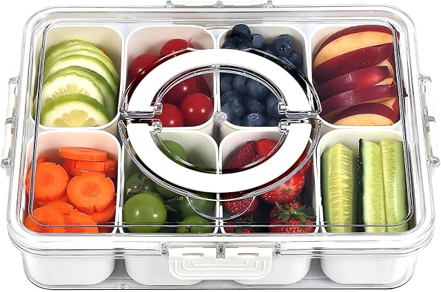 Boîte à collations 8 Boîte de séparation de compartiment, bac de service divisé avec couvercle et poignée - Conteneur de charcuterie pour plaques de snack portatives - Organisateur clair pour les bonbons, les fruits, les noix - Parfait pour la fête