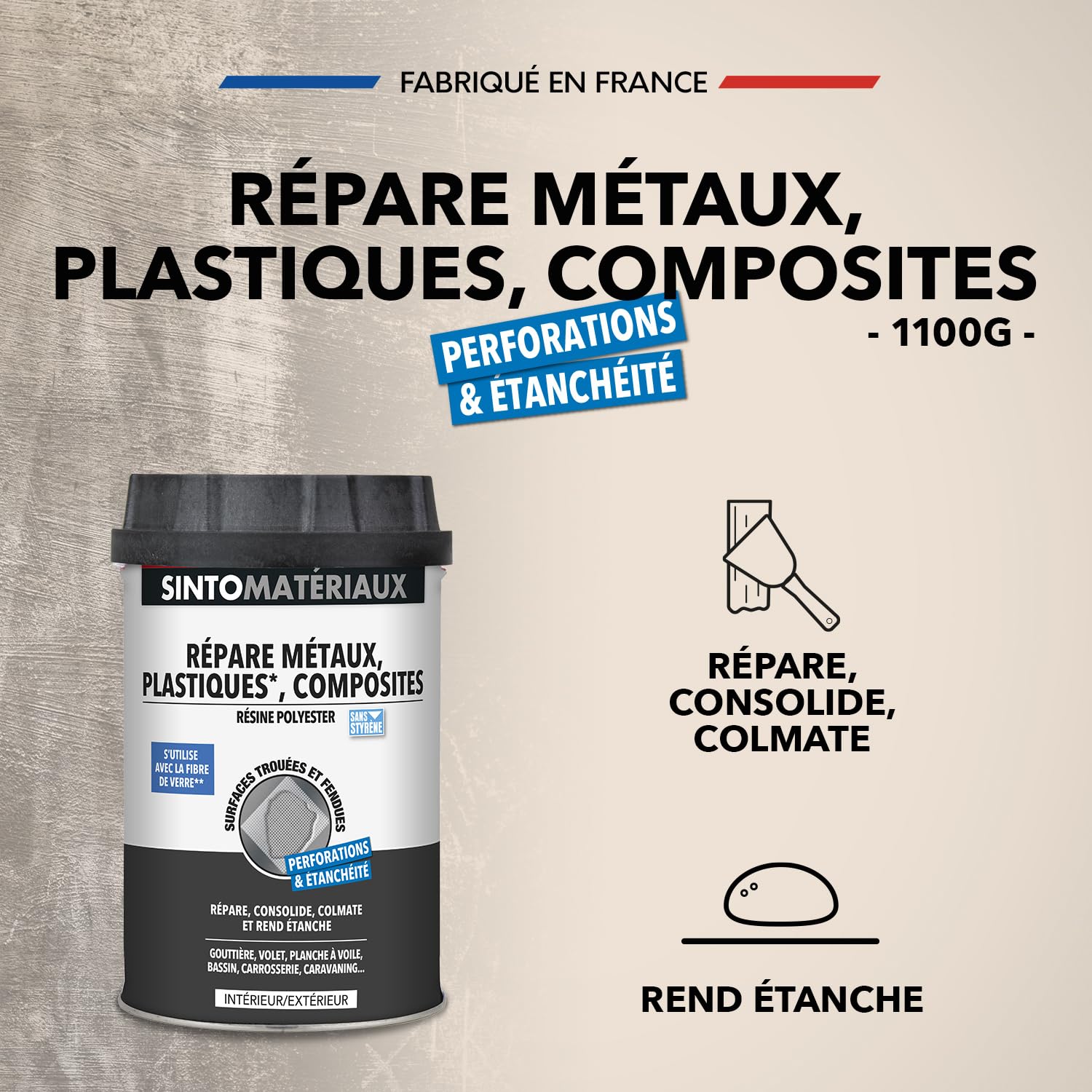 SINTO Résine polyester répare métaux plastiques et composites 1kg, consolide colmate et imperméabilise, gouttières volets carrosserie et stratifiés, caravanes et bateaux, intérieur et extérieur