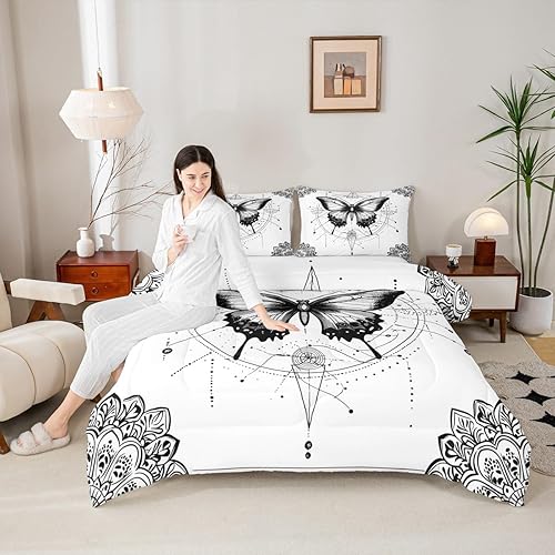 Miniatura 2 de Erosebridal Edredón de mariposa blanca con diseño de sol y luna, tamaño Queen, diseño de mandala bohemio, edredón de 3 piezas con estampado de