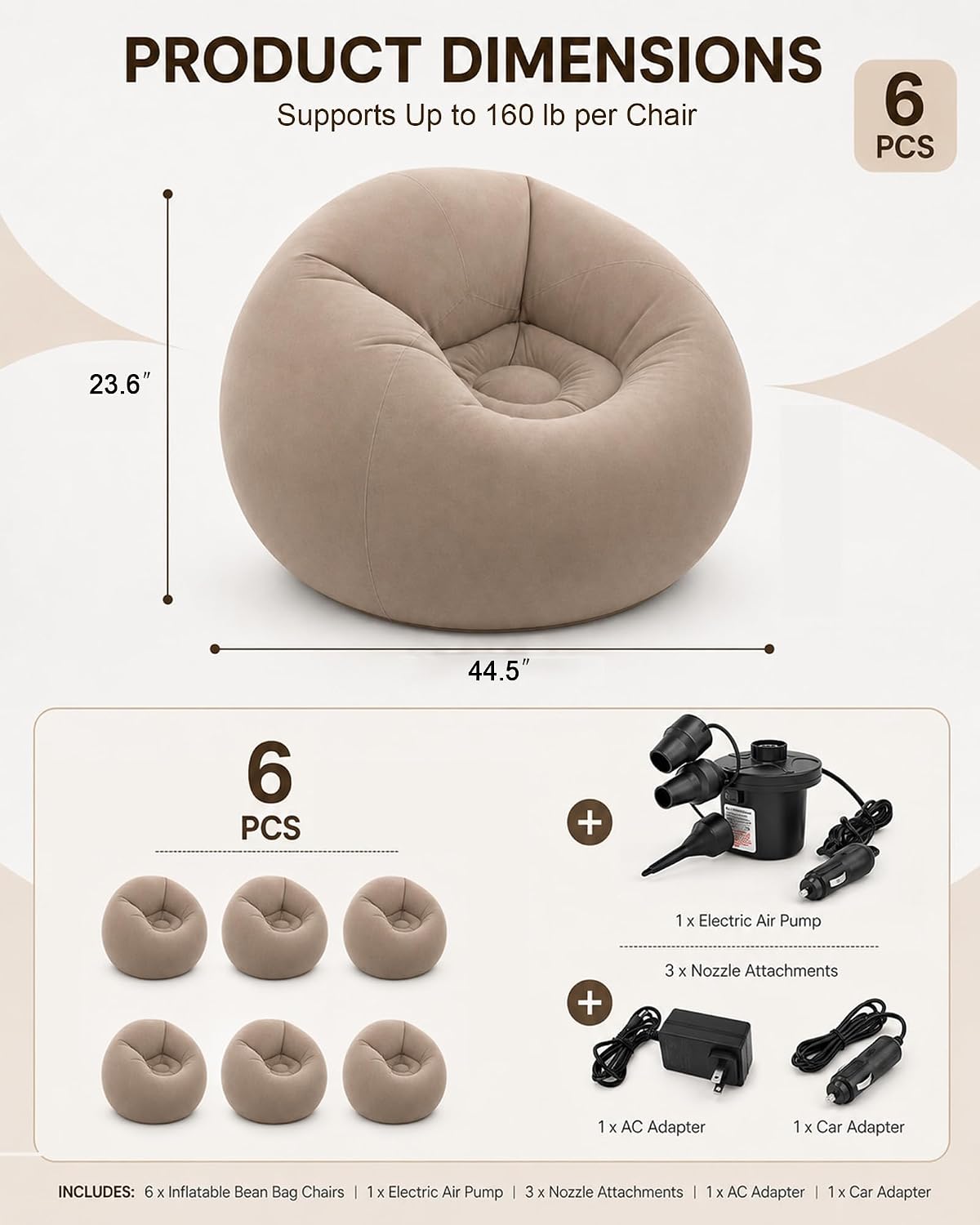 6 Pack Inflatable Bean Bag Chairs with Electric Air Pump for Adults