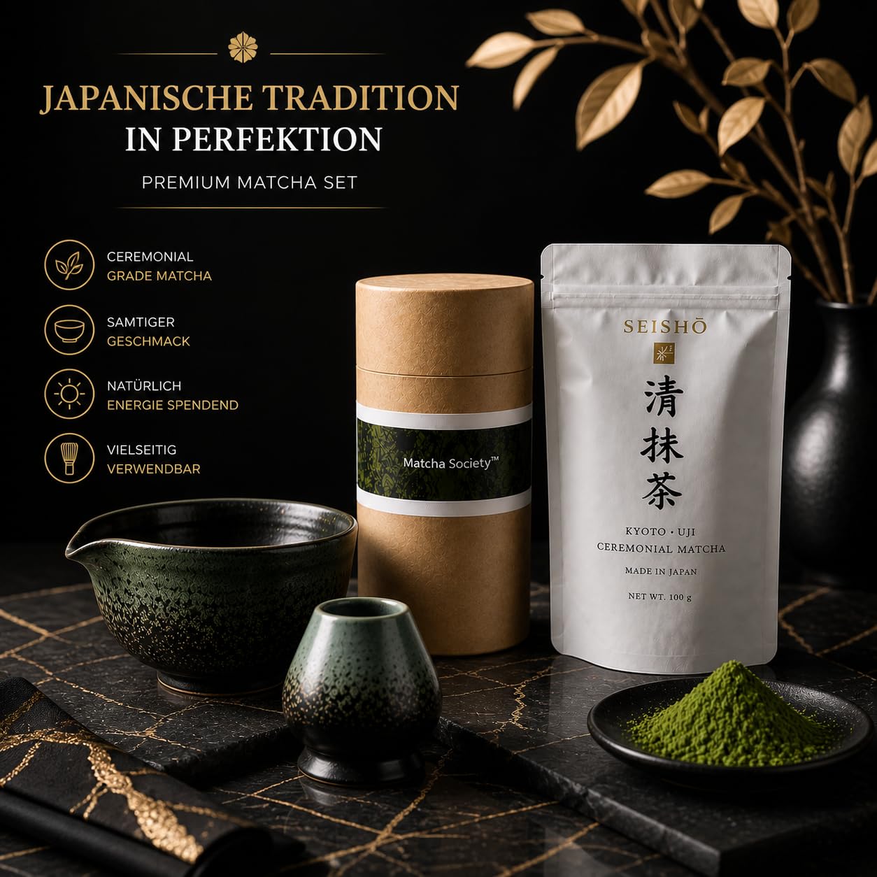SEISHŌ Ceremonial Matcha 100g Set – Premium Matcha aus Japan (Uji Kyoto) Zubehör (Bambusbesen, Schale & Zubehör) – Komplettes Starter Set