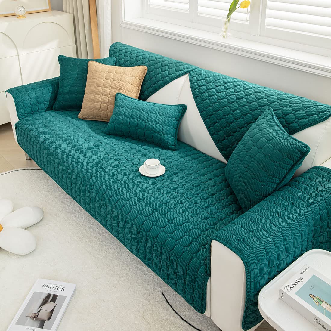 vctops Farmhouse Plaid Couch Sofa Cover Corduroy NonSlip Sectional