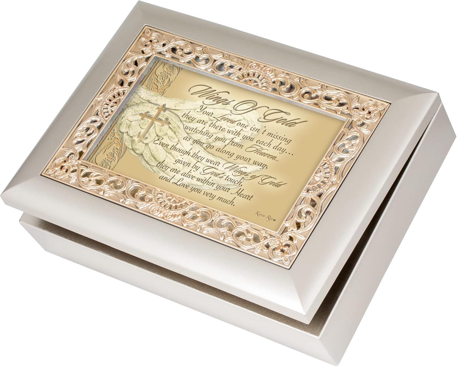 Cottage Garden Wings of Gold Loved One Watching Silvertone Gold Ornate Inlay Music Box Plays Wind Beneath My Wings