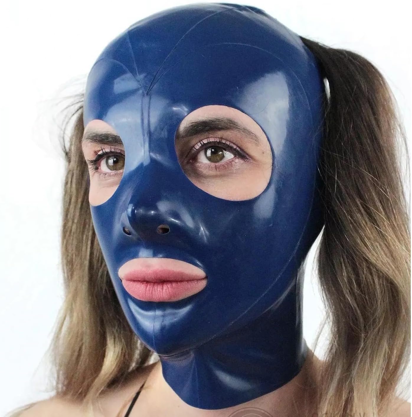Blue Latex Hood Mask BDSM Riding Mask Without wig Back Zipper Handmade Unisex for Cosplay Party Club Wear