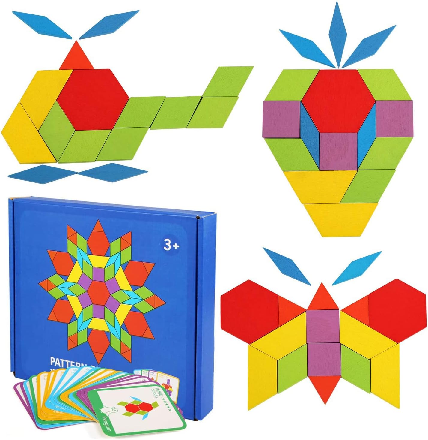 Coogam Wooden Pattern Blocks - Tangram Shape Puzzle Set Color Sorting ...