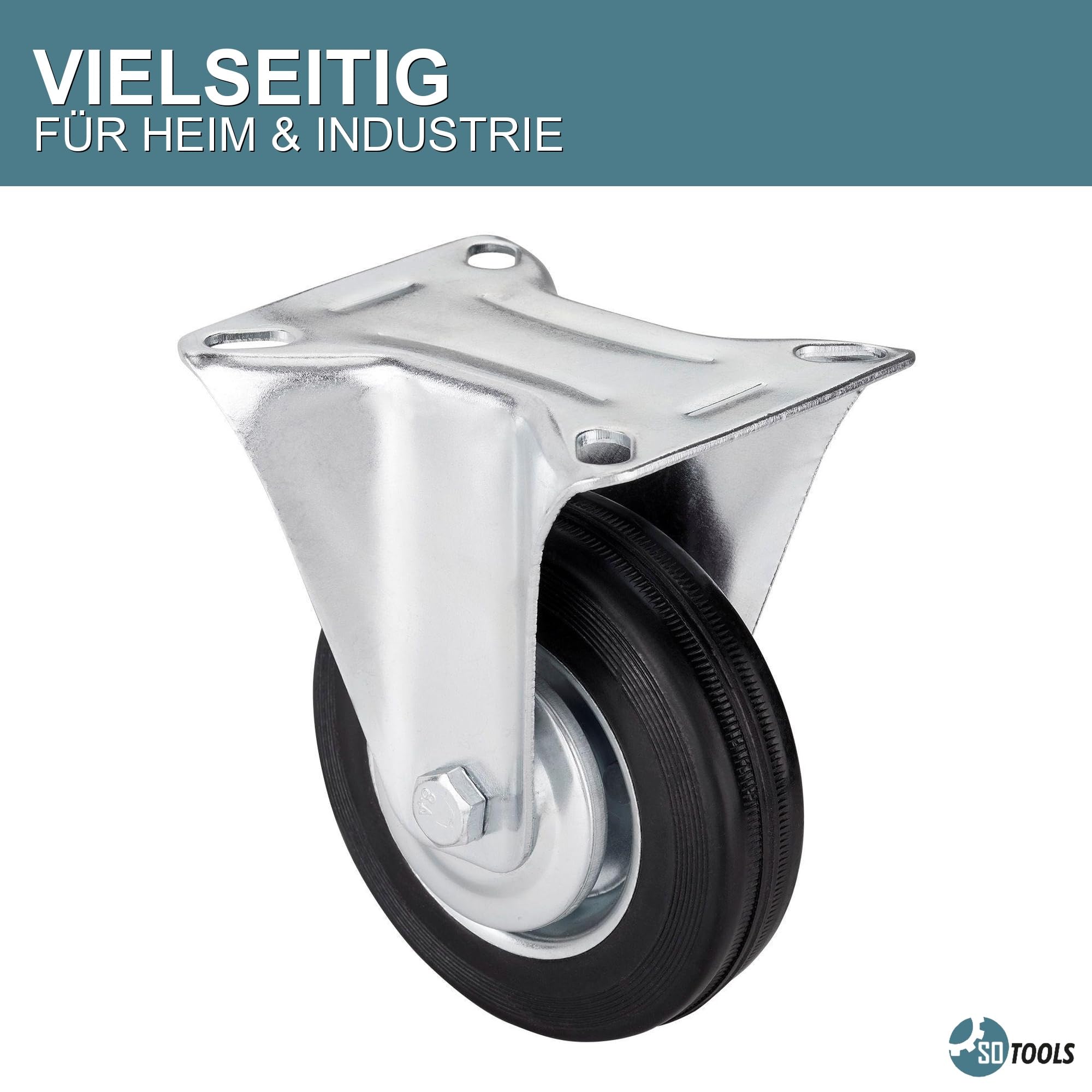 SOTOOLS 4er Set Schwerlastrollen MOVEX | Ø 16 cm Gummi-Laufrolle, Höhe 19.6 cm | 2x Lenkrolle mit Bremse, 2x Bockrolle, 440 kg Traglast - Für Möbel, Werkbänke & Industrie