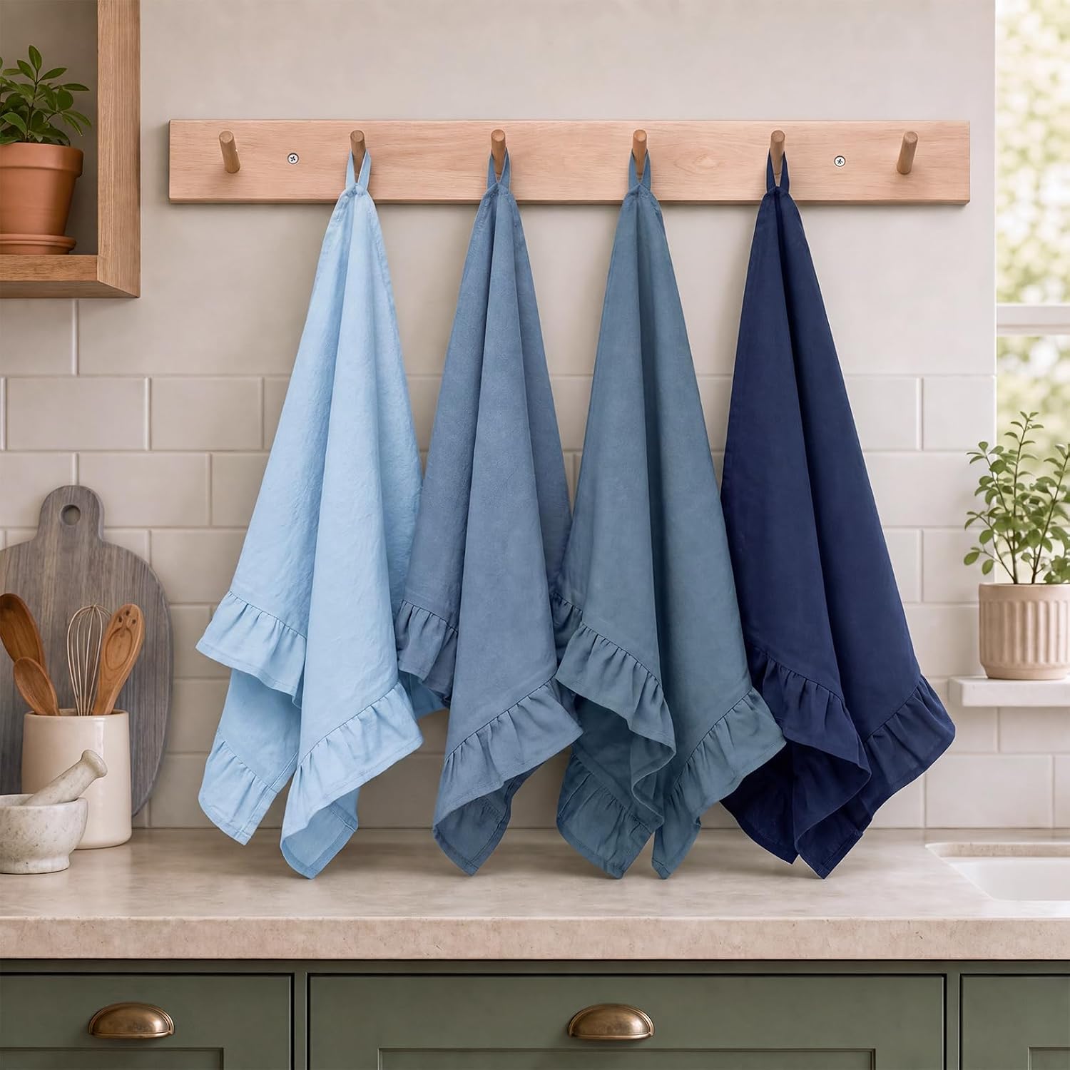 Tranqun 4 Pcs Ruffled Tea Towels 18 x 28 Inch Cotton Linen,White