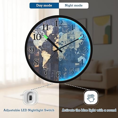 Miniatura 5 de Silent Non-Ticking Battery Operated Clock Luminous Voice-Activated Modern Clocks Retro Map Block Dark Color 12 Inch for Office Classroom School Home