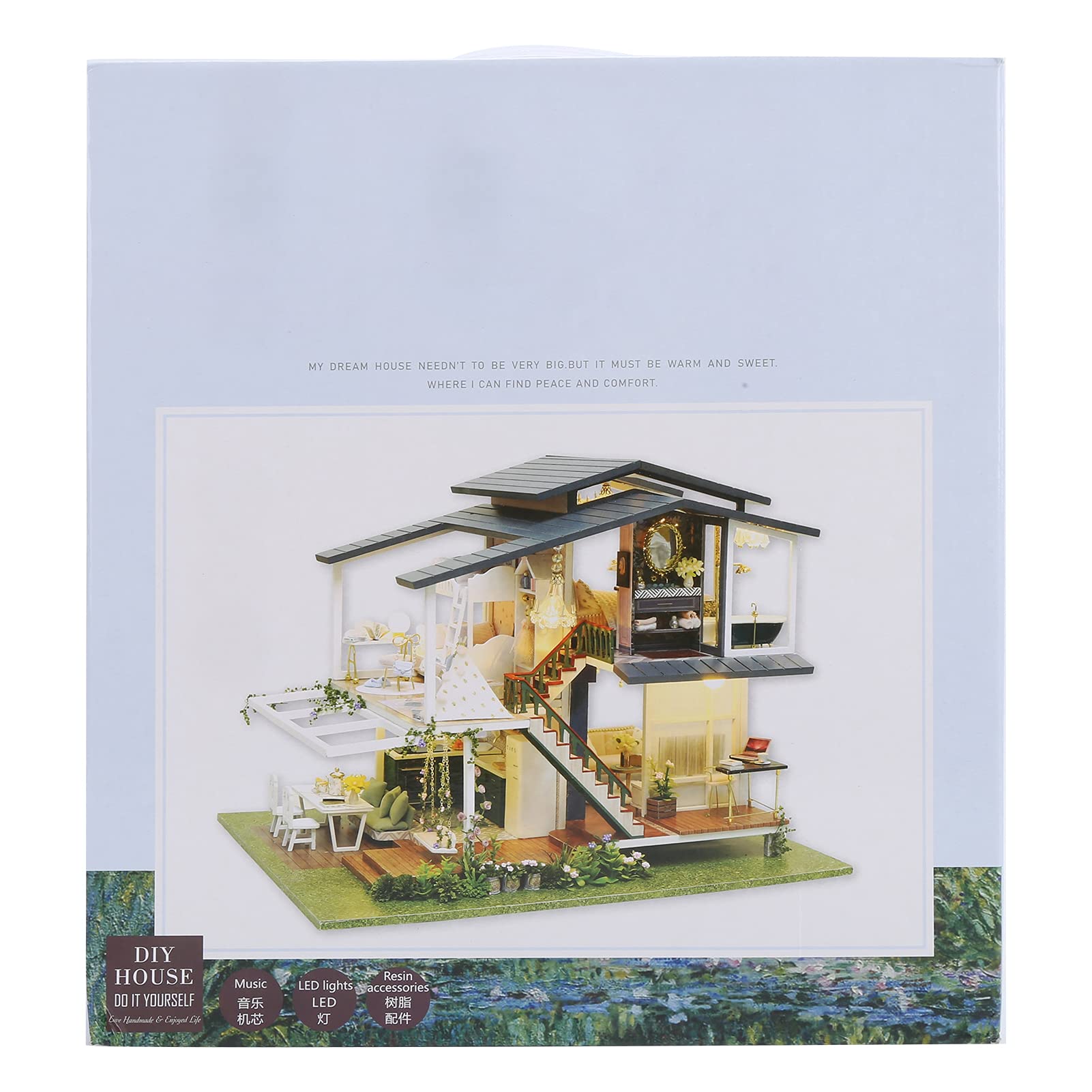 DIY Mini-Puppenhaus-Bausatz, Romantische 3D-Gartenvilla aus Holz für Bastelliebhaber, 12,6 X 9,6 X 9,3 Zoll, Komplett mit LED-Beleuchtung