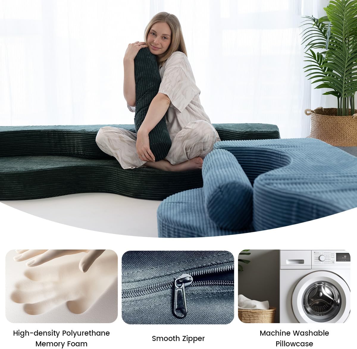 75" Folding Sofa Bed Convertible Futon, Twin Size Sleeper Couch, Washable Velvet Corduroy Cover & High-Density Foam, 2-in-1 Floor Mattress, No Assembly for Living Room/Dorm Green