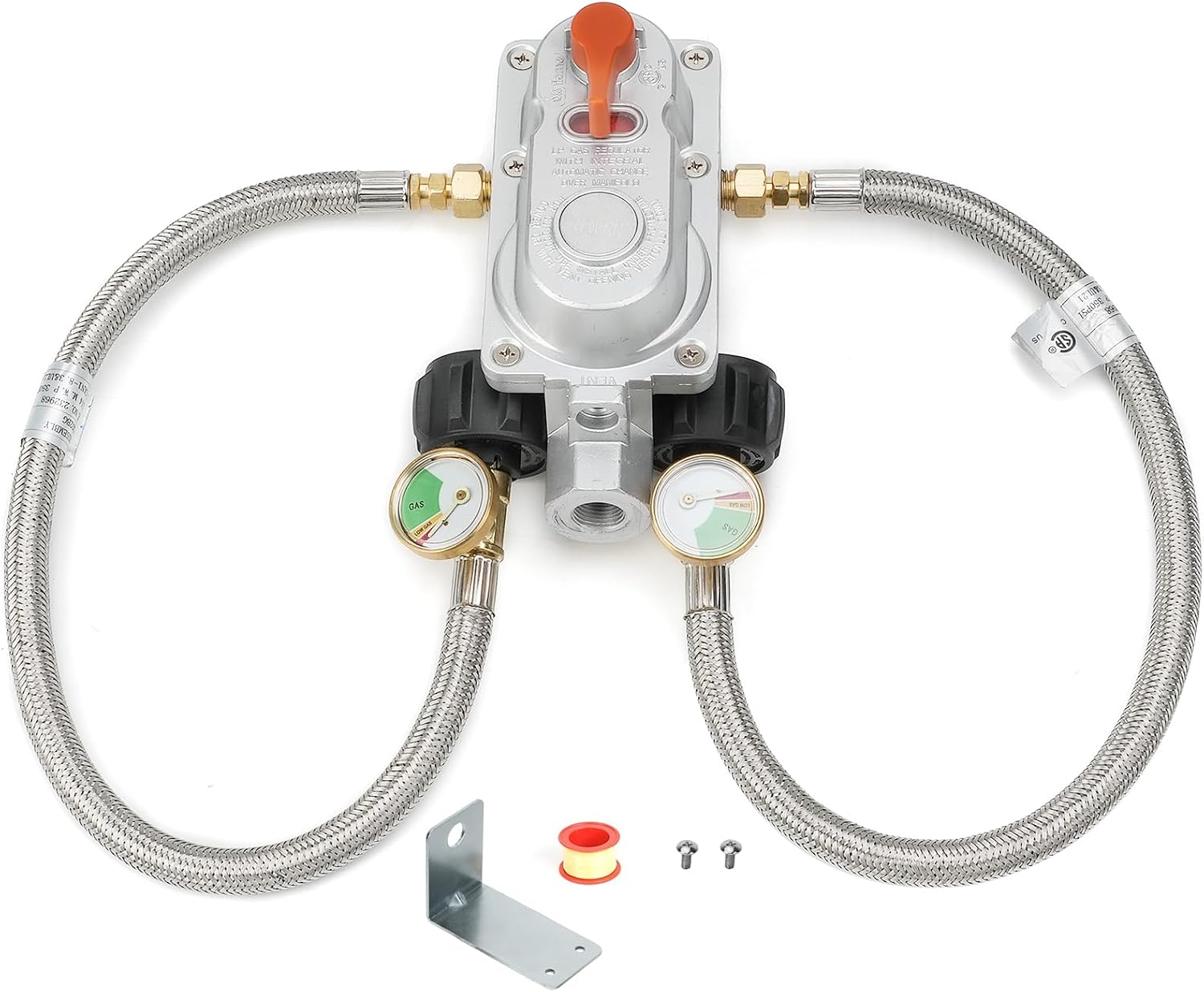 Skyflame Automatic Changeover for RV, Dual Propane Tank Switch with 18 Inch Pigtails, Indicator Gauges and Mounting Bracket