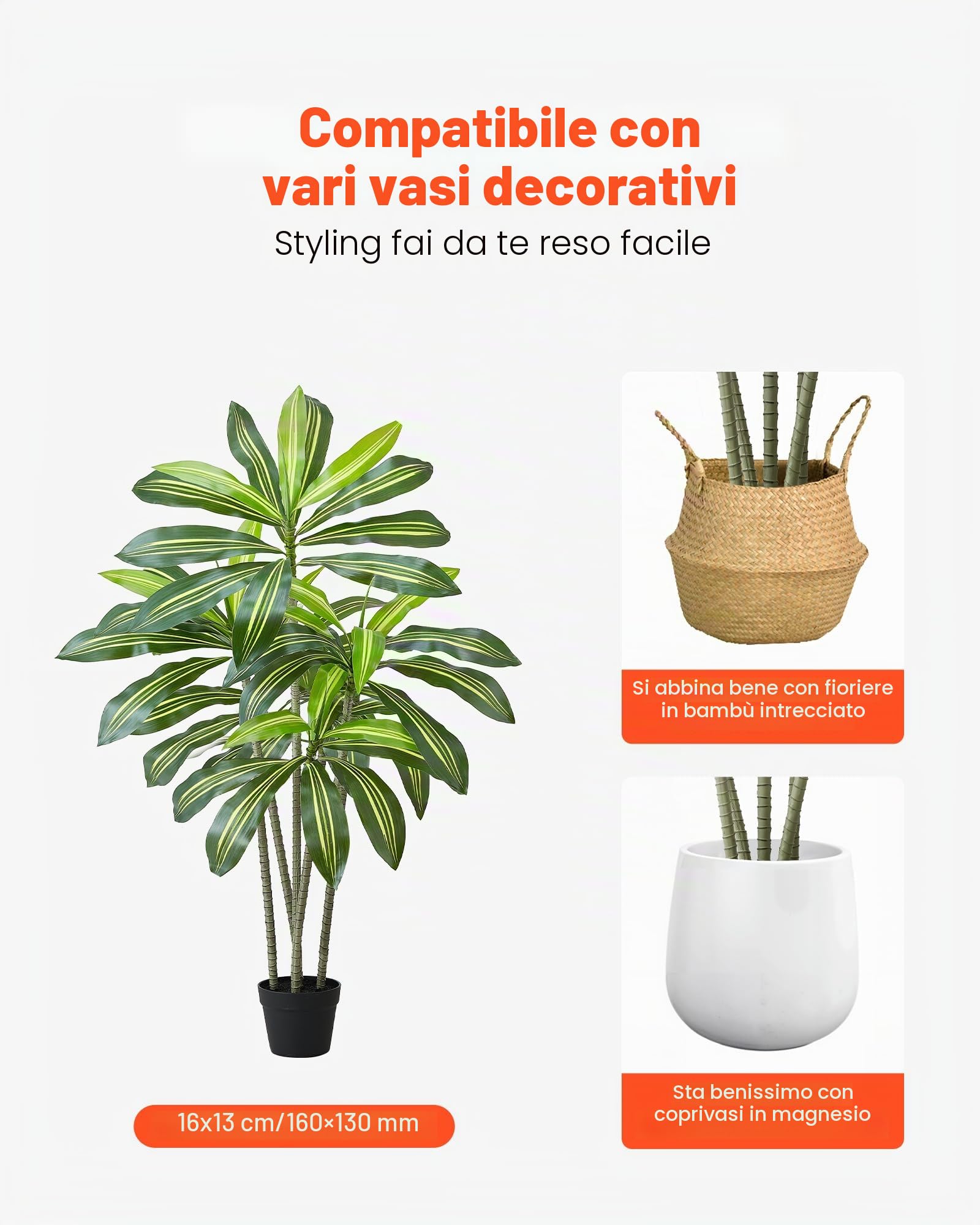 VEVOR Dracena Artificiale 1524 mm, Palma Tropicale Finta con Vaso Alto Bianco, Pianta Finta in Seta da Pavimento in Vaso, Grandi Alberi per Casa, Ufficio, Soggiorno, Decorazione Interna ed Esterna