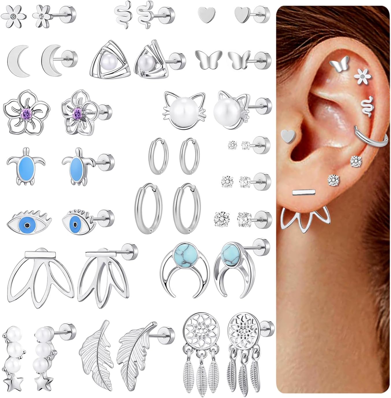 TAMHOO 20 Pairs Flat Back Earrings for Women and Teen Girls- Gold Plated Screwback Earring with Diverse Designs, Perfect for Multiple Piercings and Everyday Wear