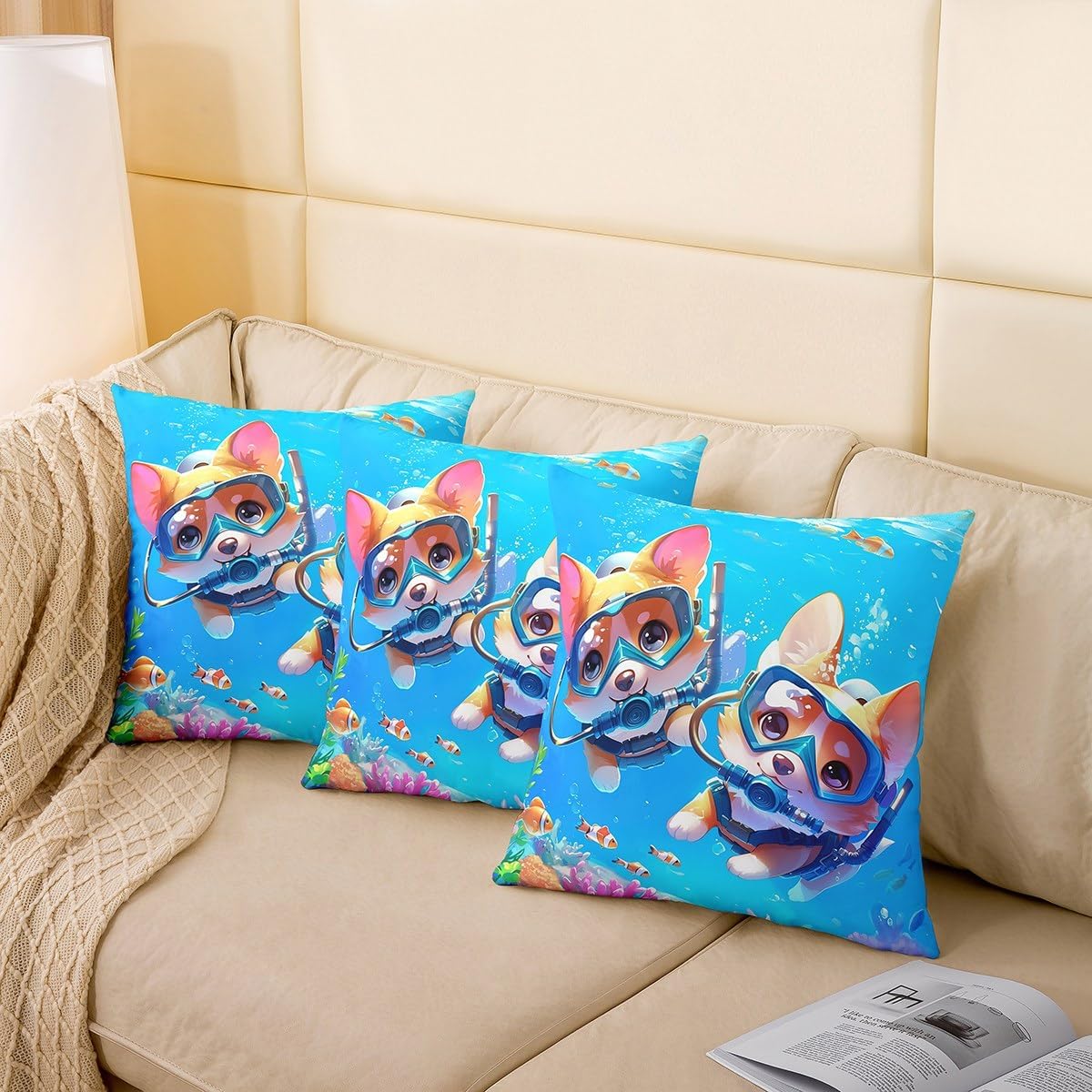 Funny Corgi Pillow Covers for Sofa Couch Chair Summer Diving Sports Throw Pillow Covers Cartoon Underwater World Outdoor Pillow Cover Colorful Coral Cushion Cover 22"x22",Set of 2