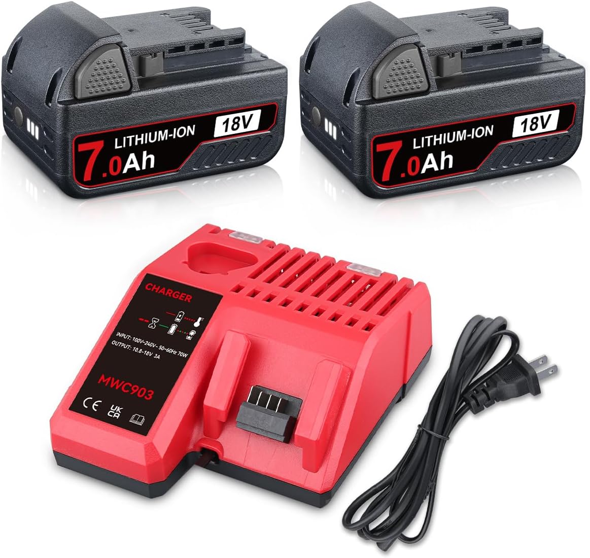 2P 18V 7.0Ah Battery and Charger Cmbo Kit Replacement for Milwaukee Battery Charger Lithium-ion Compatible with Milwaukee 18V Battery 48-11-1820 48-11-1850 Cordless Power Tools and Charger