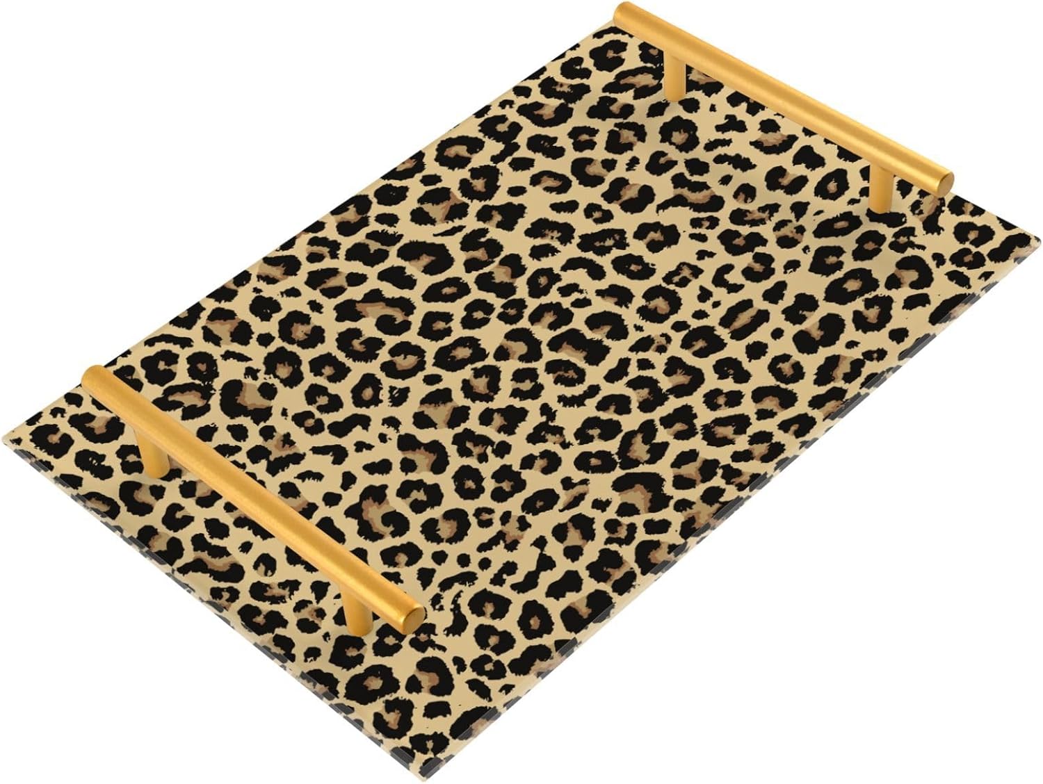 ZZKKO Leopard Acrylic Tray Bathroom Organizer Countertop Decorative Vanity Tray with Gold Handles Makeup Tray for Bathroom Counter Dresser Kitchen Table