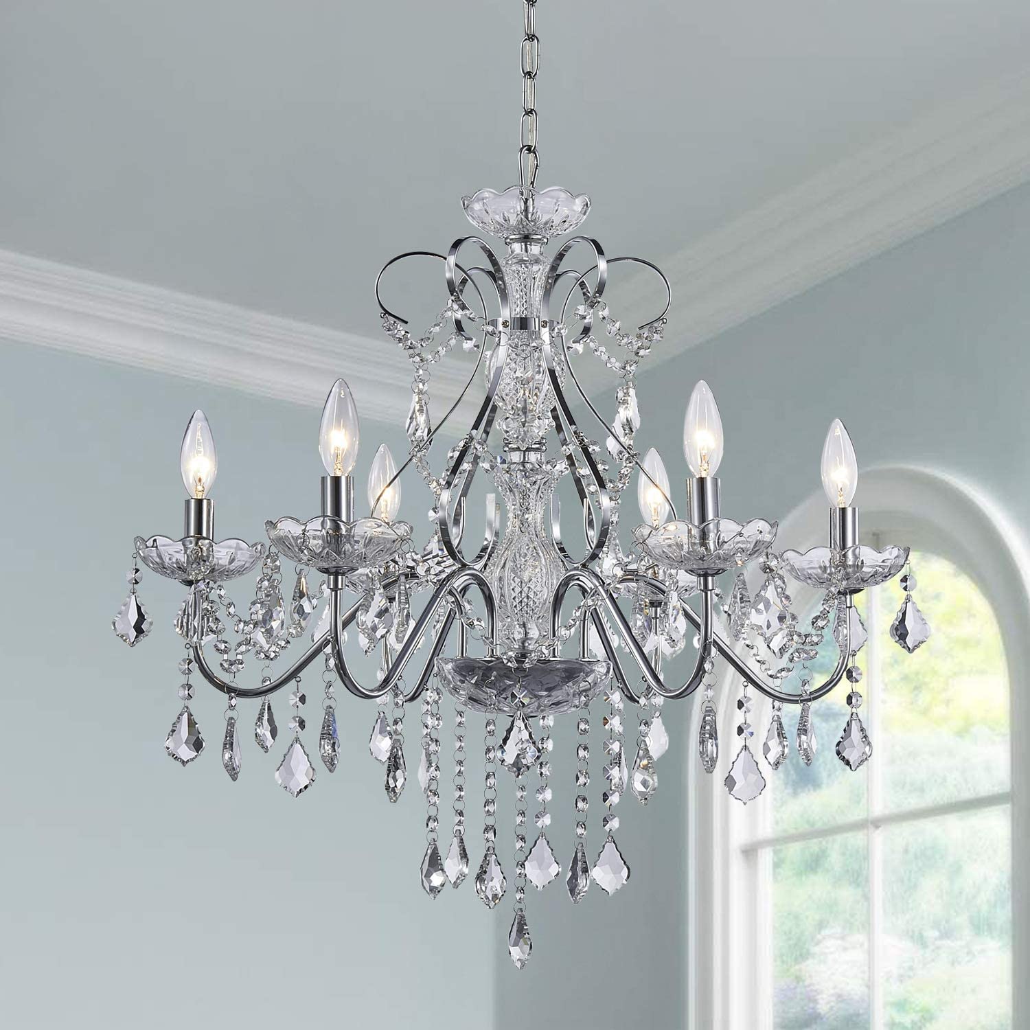 Saint Mossi 6 Licht Kristall Kronleuchter Moderne Leuchte des Kronleuchters,Kristallhängendes Licht Regentropfen Kronleuchter für den Speisesaal,Schlafzimmer,Wohnzimmer,H58cm x D60cm, verchromt