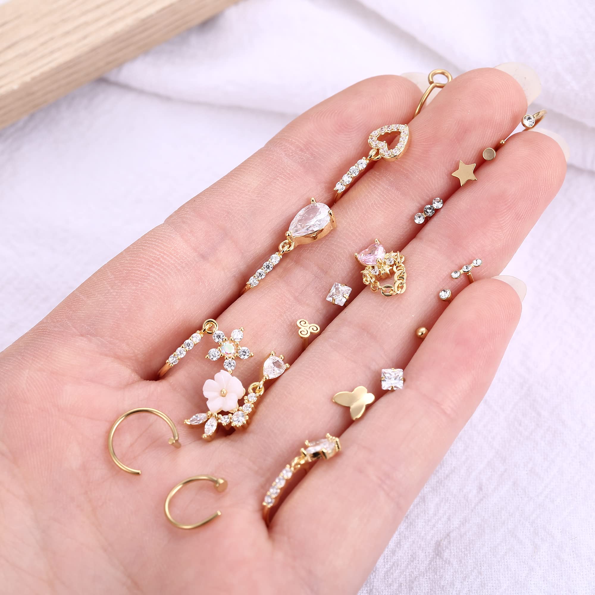 ZXLIHS 20 szt. 20G zwisają kolczyki w nosie dla kobiet-motyl, serce, księżyc, kwiat, krzyż CZ obręcze-kolczyk na chrząstkę Piercing biżuteria