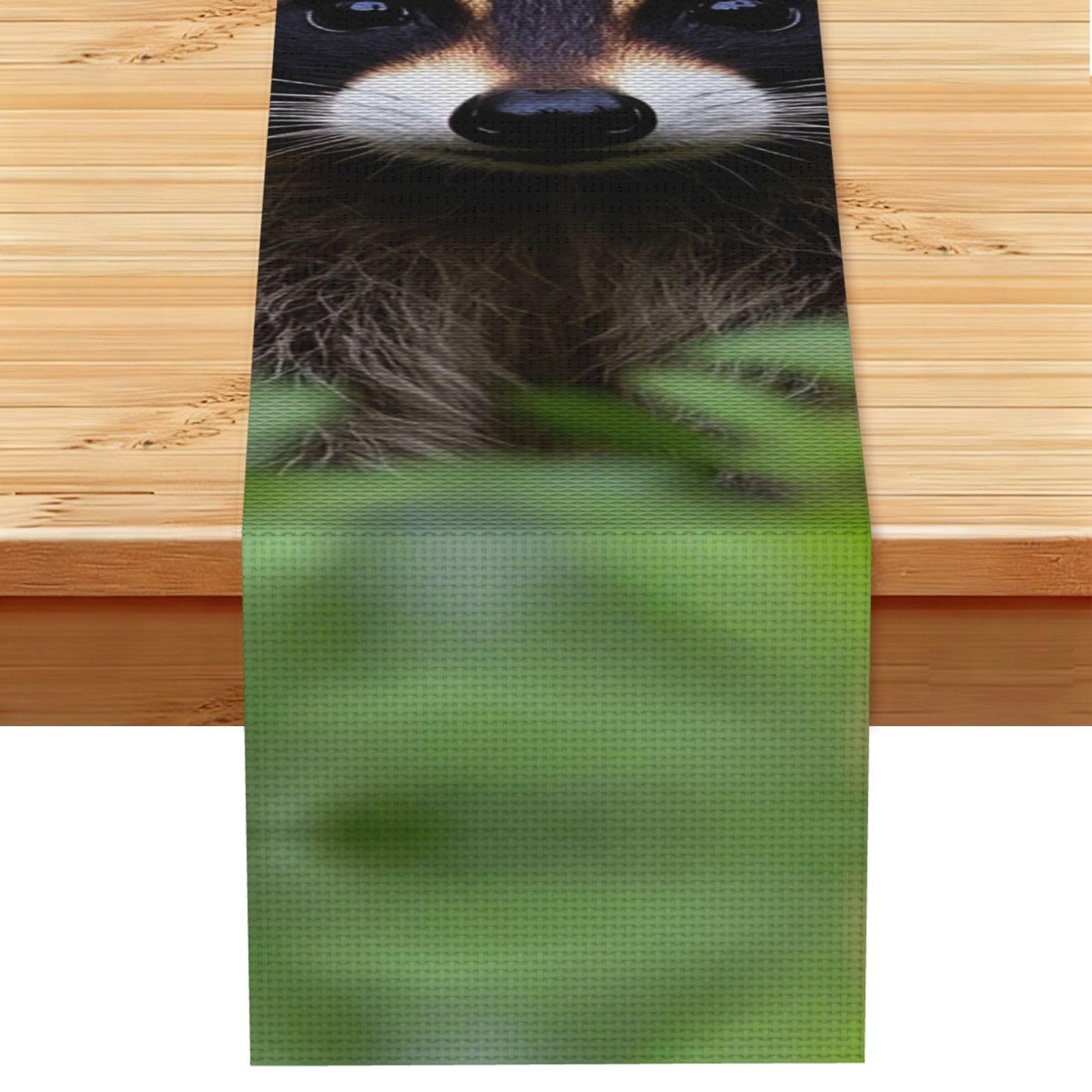 Cute Raccoon Table Runner 13 x 72 Inches Long, Cotton Linen Table Runners for Kitchen Dining Table Decoration - Washable Tablecloth Modern Tablerunner for Home Party Decor