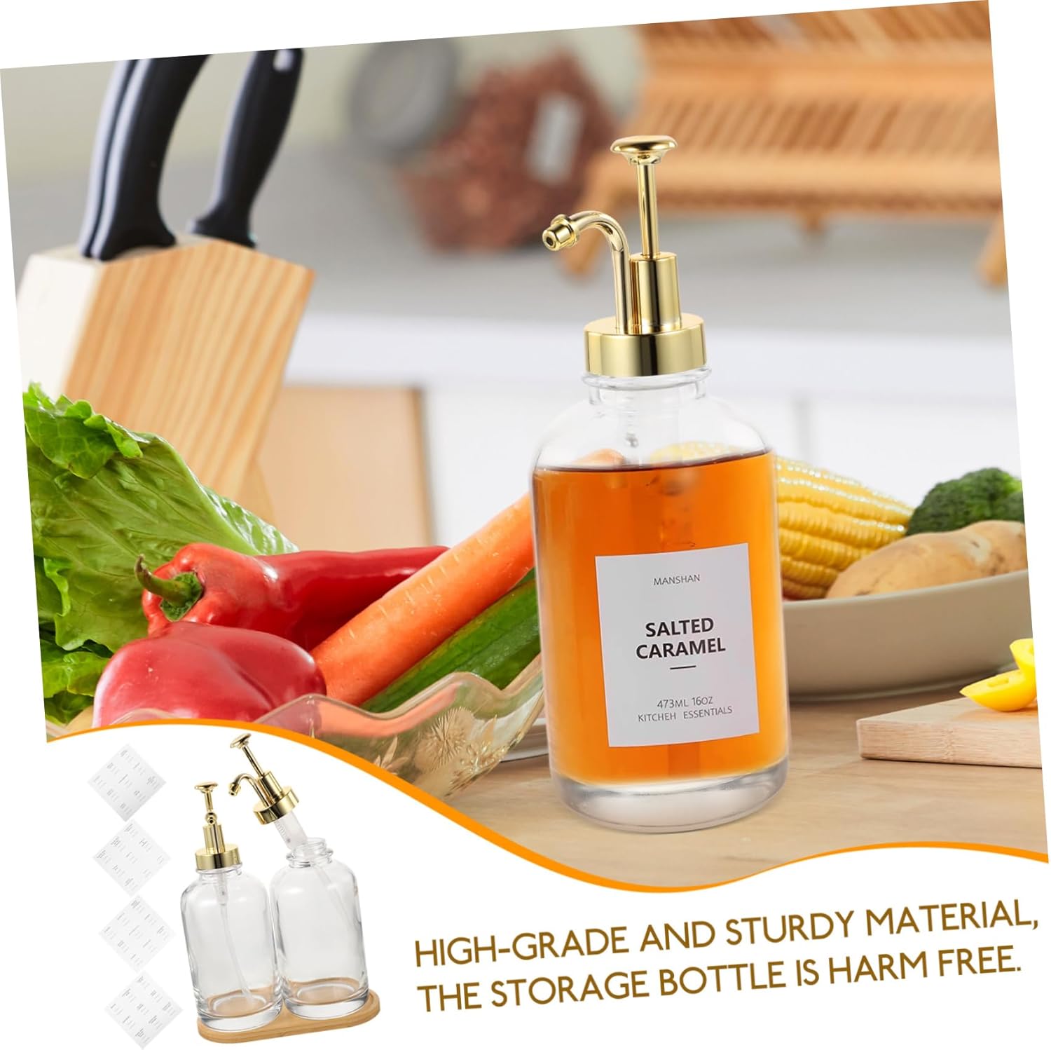 1Set Multi Function Syrup Dispenser Glass Bottle with Pump for Coffee Bar Kitchen for Honey More Includes Bottles Tray Stickers