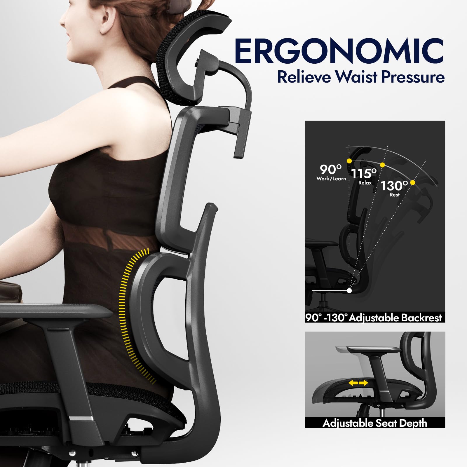 Chaise de Bureau, Fauteuil Ergonomique Professionnel - Dossier Mesh Respirant, Inclinaison 130°, accoudoirs 3D et Assise réglable - Pivotant, roulettes, 150 kg