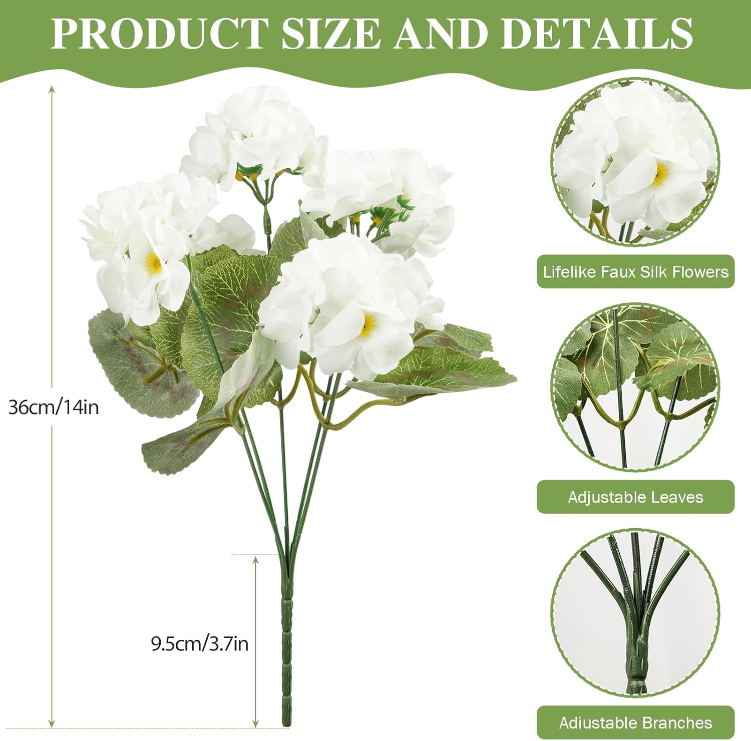 famibay Artificial Flowers for Outdoor Indoor Garden Home Decoration, 8 Bundles Silk Geraniums UV Resistant Look Real Faux Plants for Front Door Porch Planter Urn Patio Garden, White