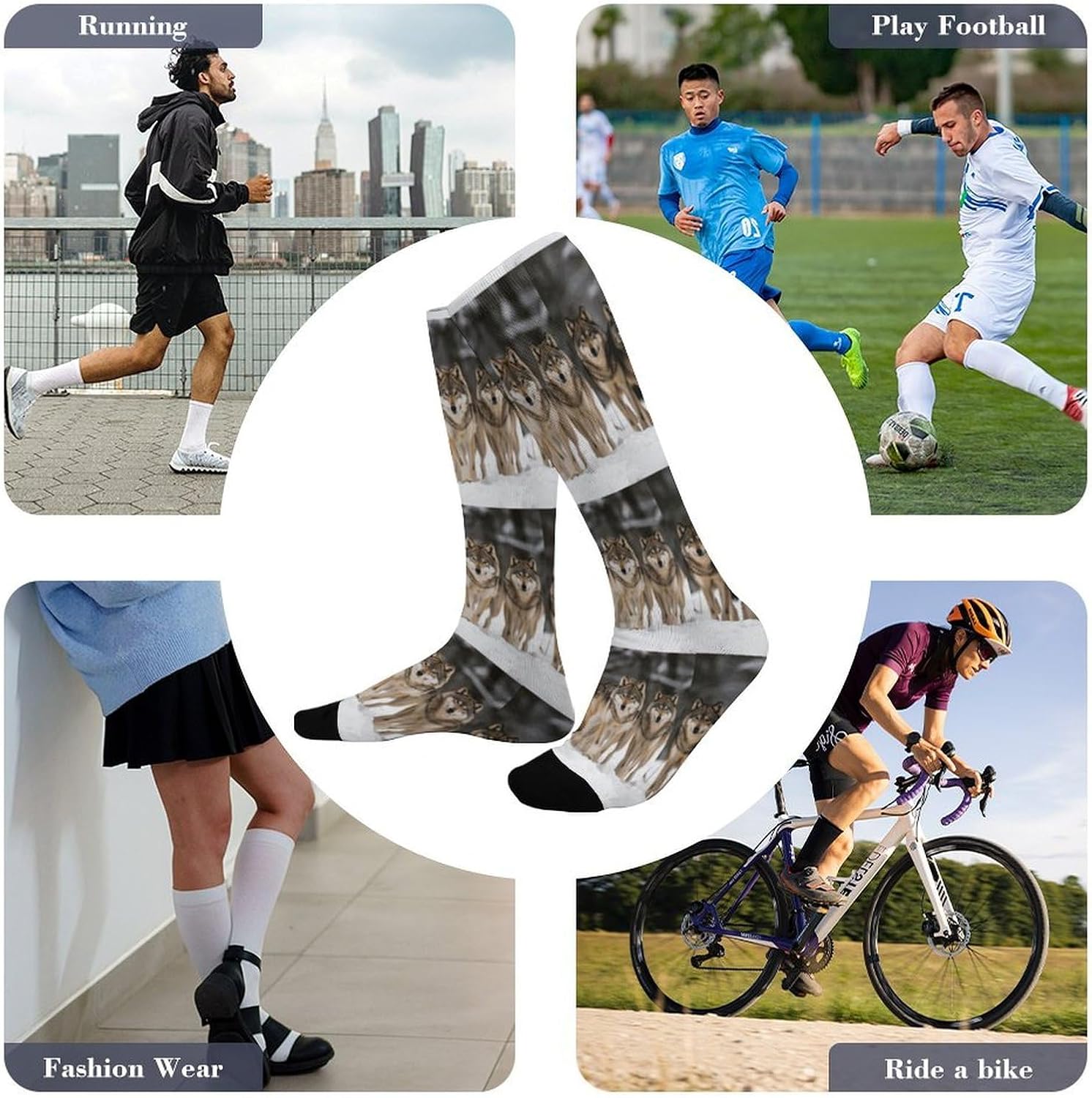 Pack of Wolves Compression Socks for Women Men Comfort Over The Calf Socks Moisture Wicking Breathable Athletic Sock