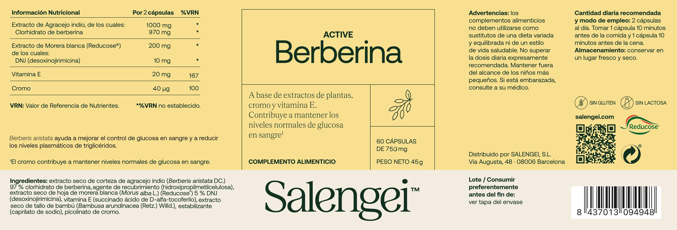ACTIVE BERBERINA - Vitamina E Natural | 97% Berberina| Potente antioxidante que protege las células del estrés oxidativo | Apto para Veganos | 60 cápsulas | 750 mg |