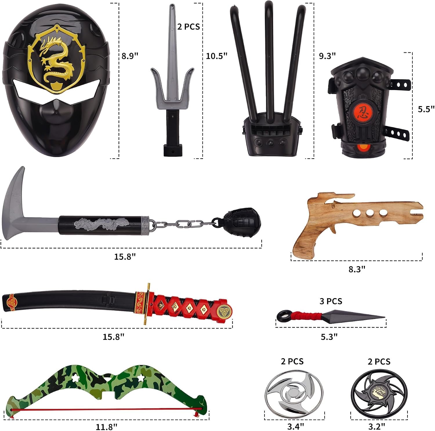Ninja Warrior Toy Weapons Dress Up Kit for Kids Complete Costume Accessories for Boys Girls Cosplay Pretend Play