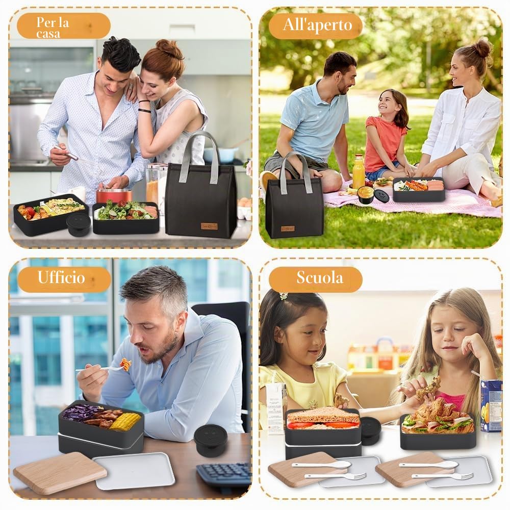 Porta Pranzo Set, 1400 ml Lunch Box con Borsa Termica e Posate, Schiscetta Portapranzo Ermetico per Microonde e Lavastoviglie, Bento Box per Lavoro Picnic Ufficio (Nero)