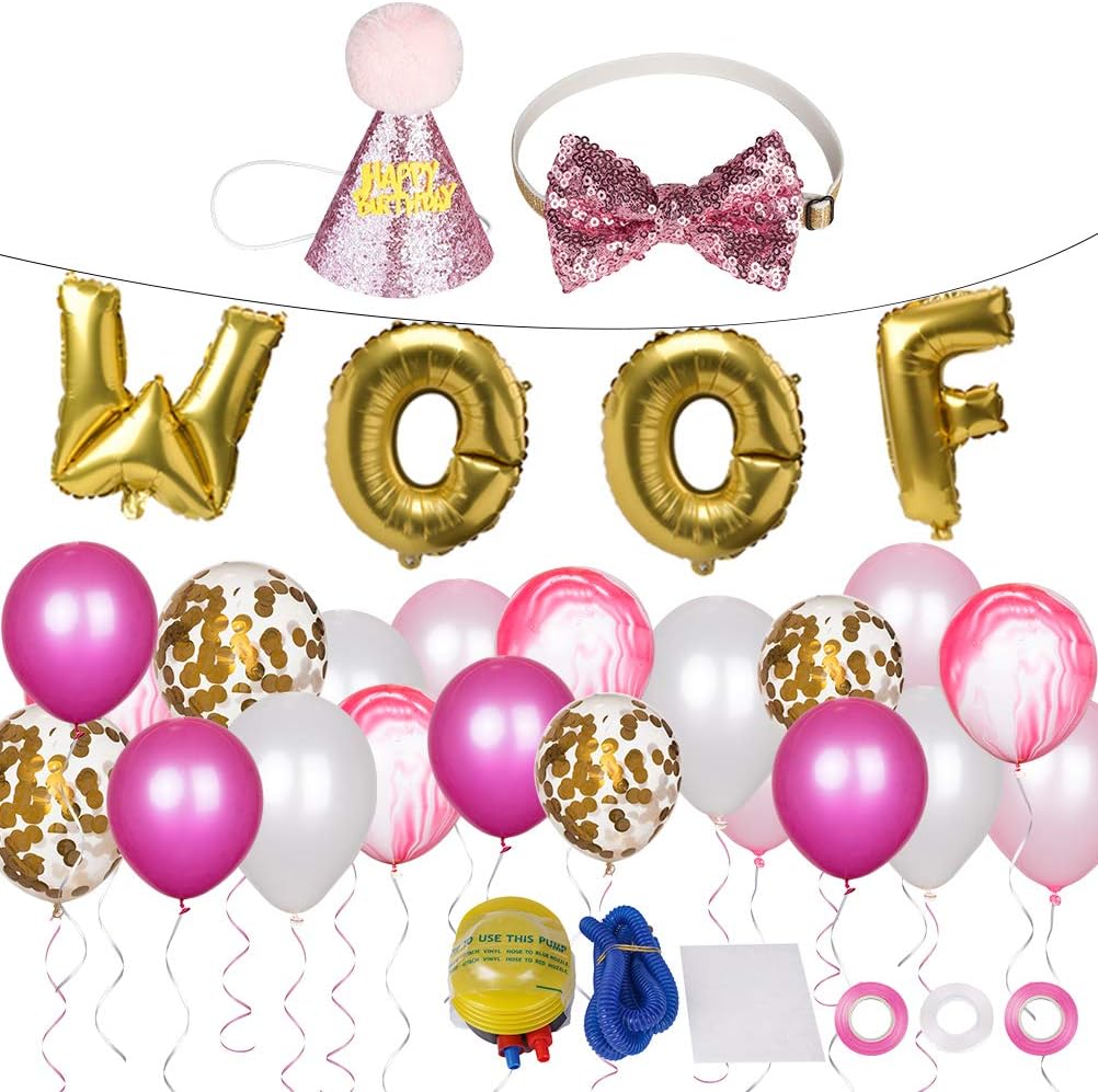 Dog Birthday Party Supplies, Dog Birthday Hat and Bow - WOOF Letter Ballons - 20Pc Biodegradable Latex Balloons