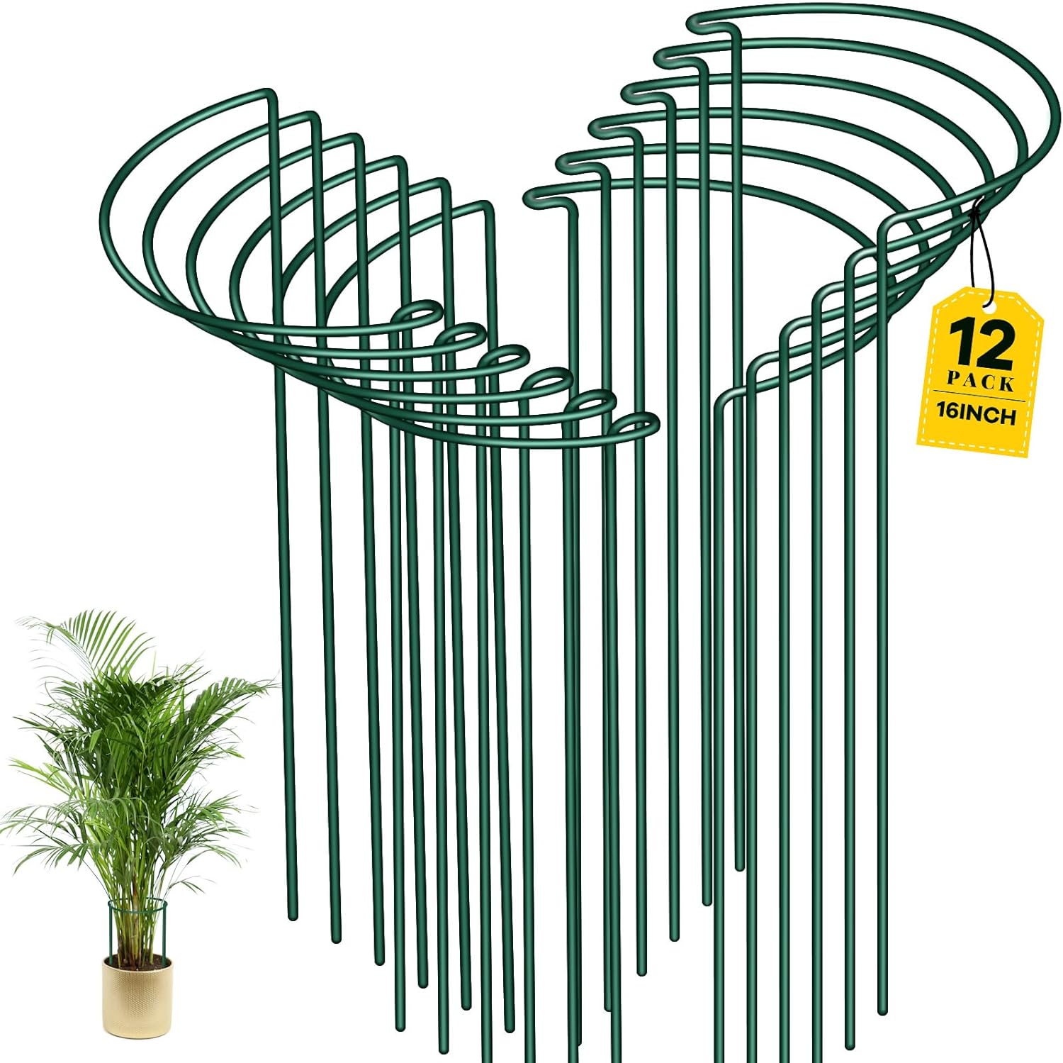 12 Pack Plant Support Stakes, 10" Wide x 16" High Half Round Metal Peony Cages and Support, Green Garden Plant Stake Plant Support Ring Border for Peony Tomato, Hydrangea, Flower Indoor Outdoor