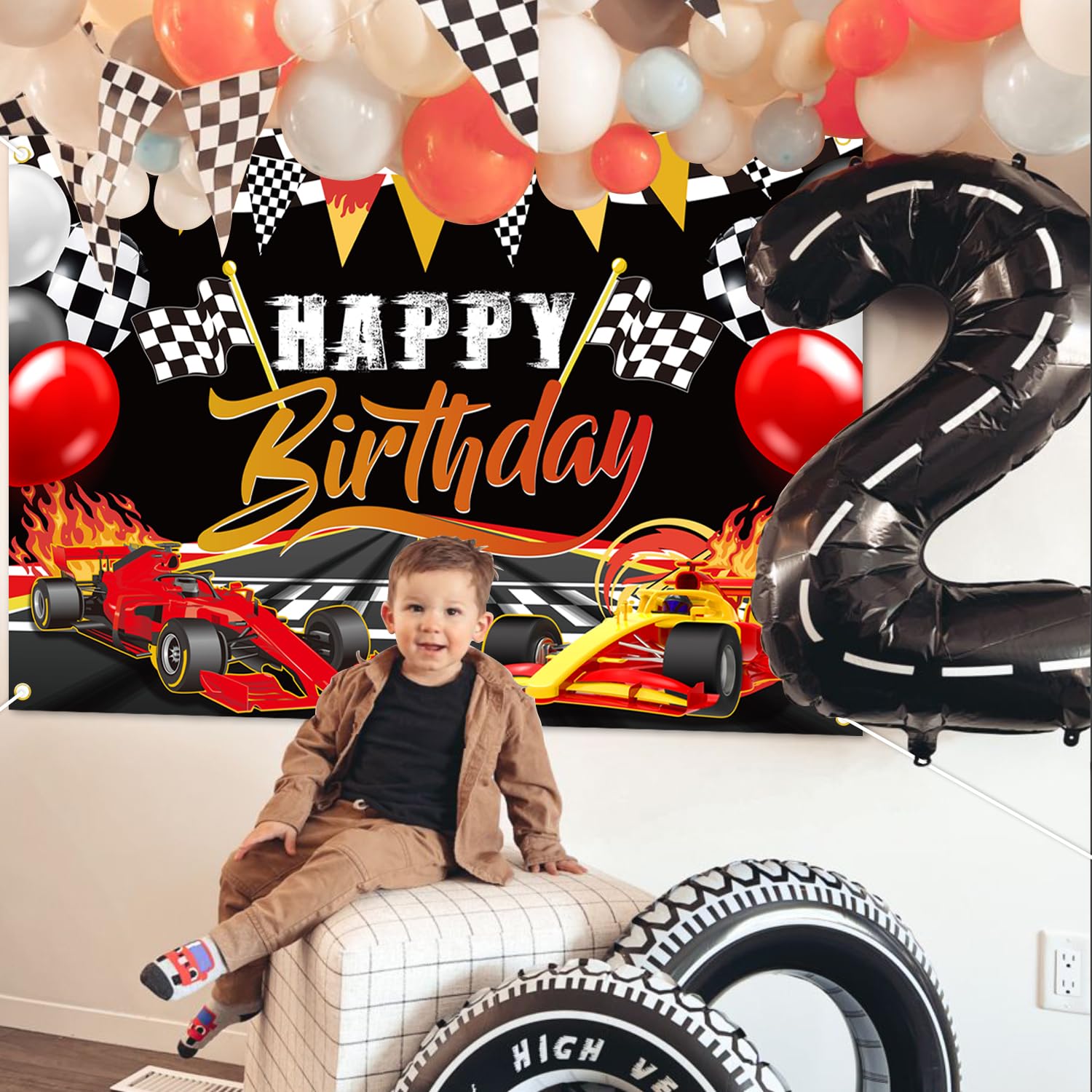 1 décoration de gâteau d'anniversaire motif voiture de course noire à paillettes avec drapeau à carreaux « Happy Birthday » - Décoration de gâteau pour fête prénatale pour enfants, garçons et filles